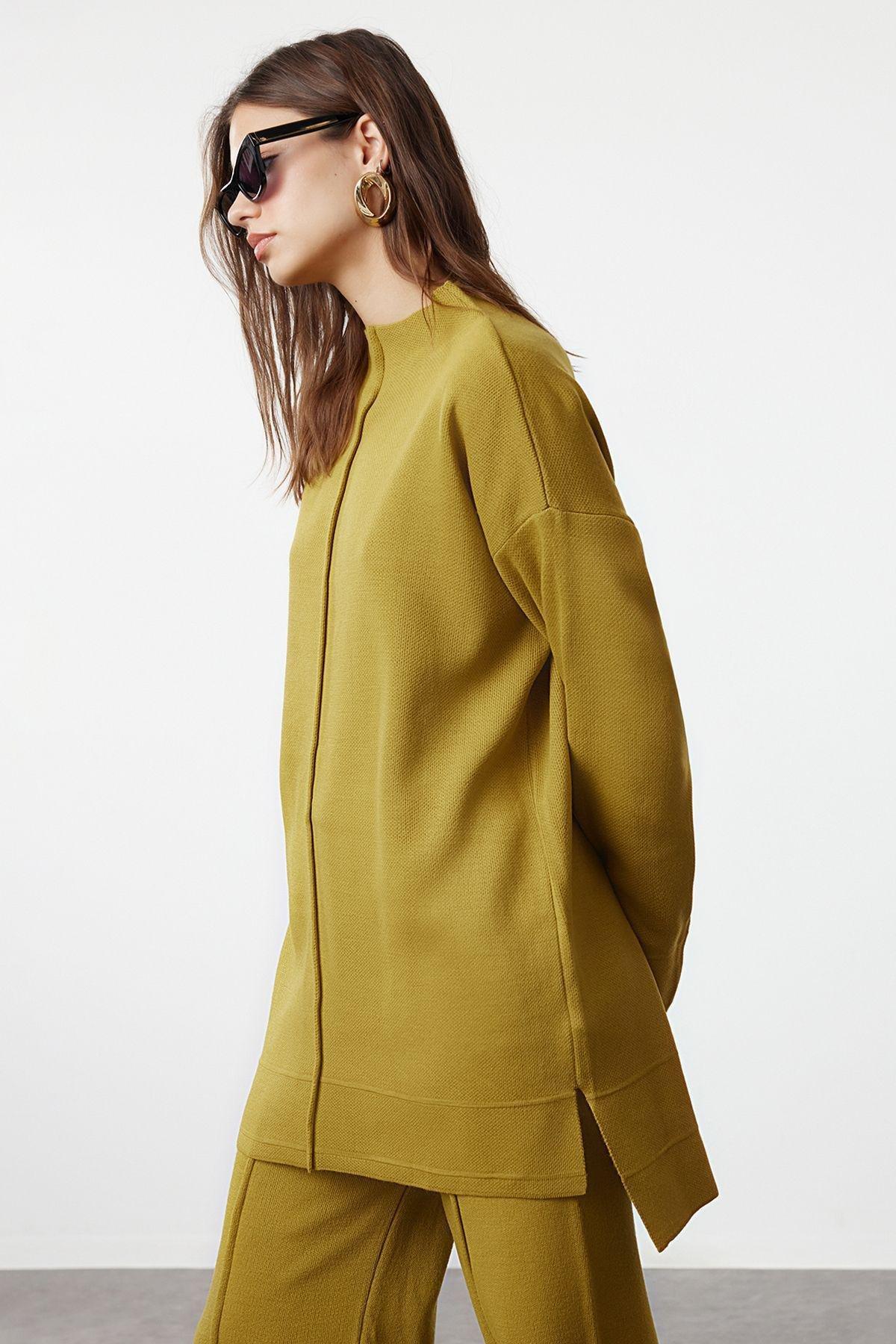 Green Stitch Knit Bottom-Top, OIL GREEN, large image number 1