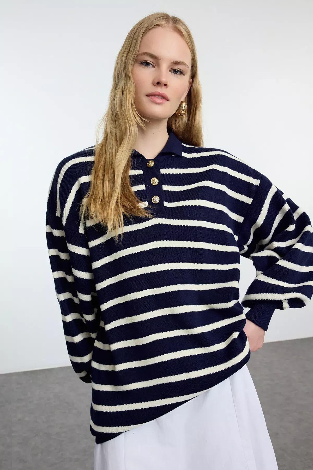Navy Striped Balloon Knit Sweater, Navy blue, large image number 0