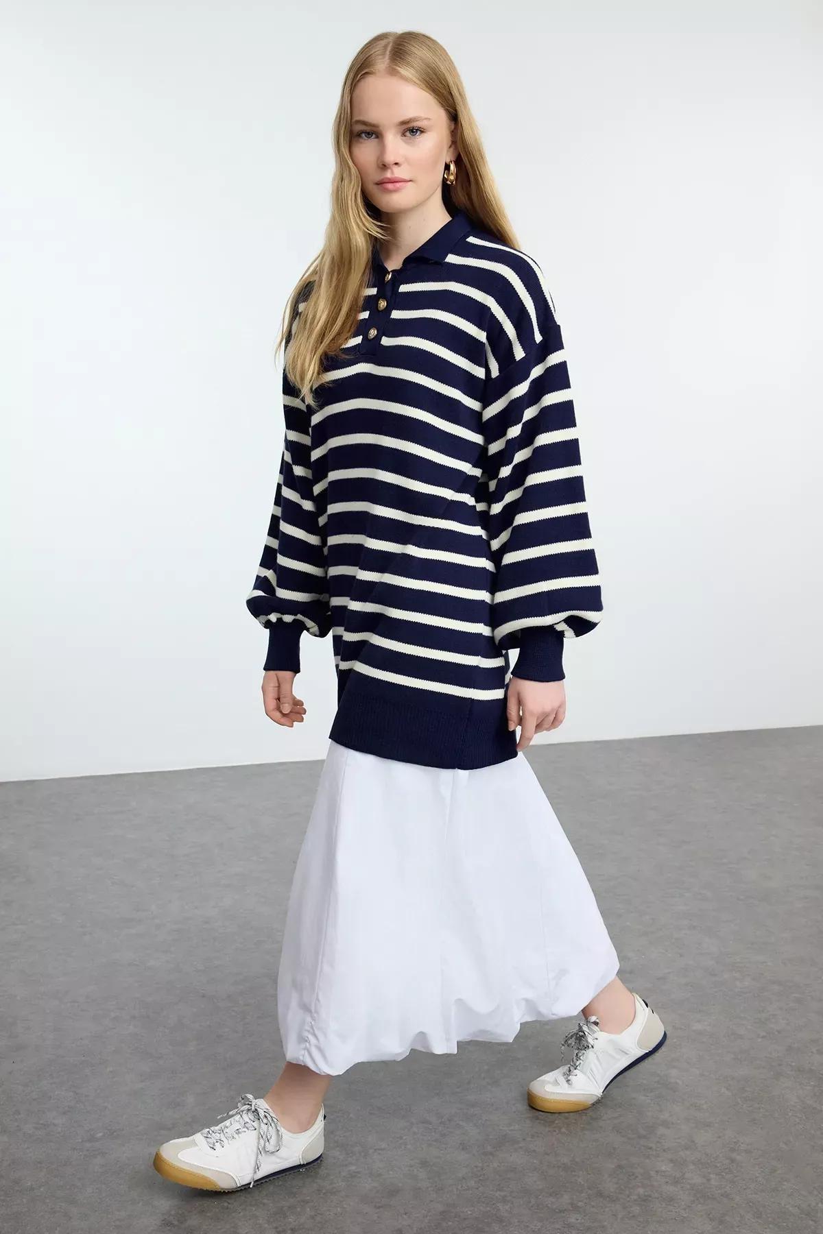 Navy Striped Balloon Knit Sweater, Navy blue, large image number 1