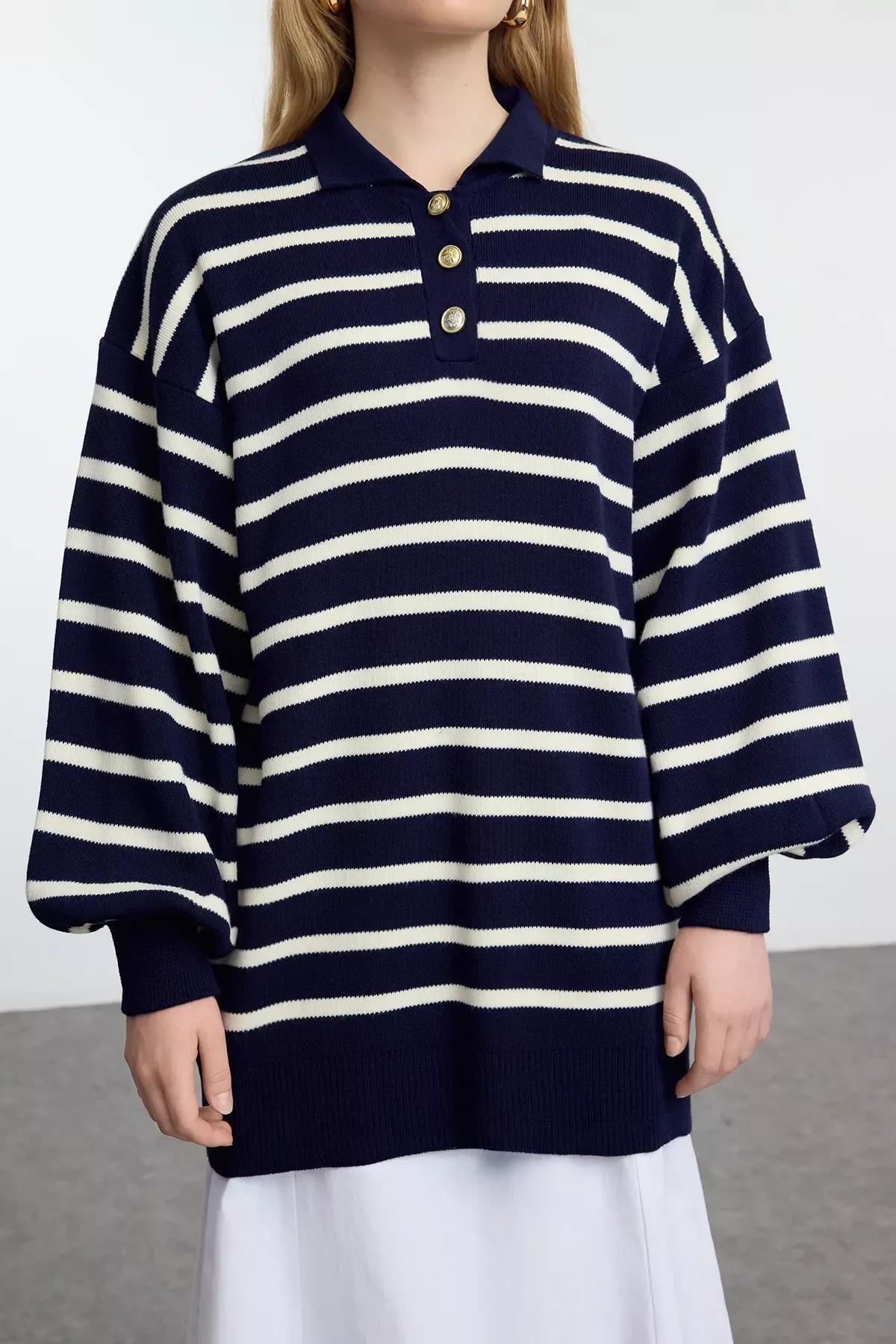 Navy Striped Balloon Knit Sweater, Navy blue, large image number 2