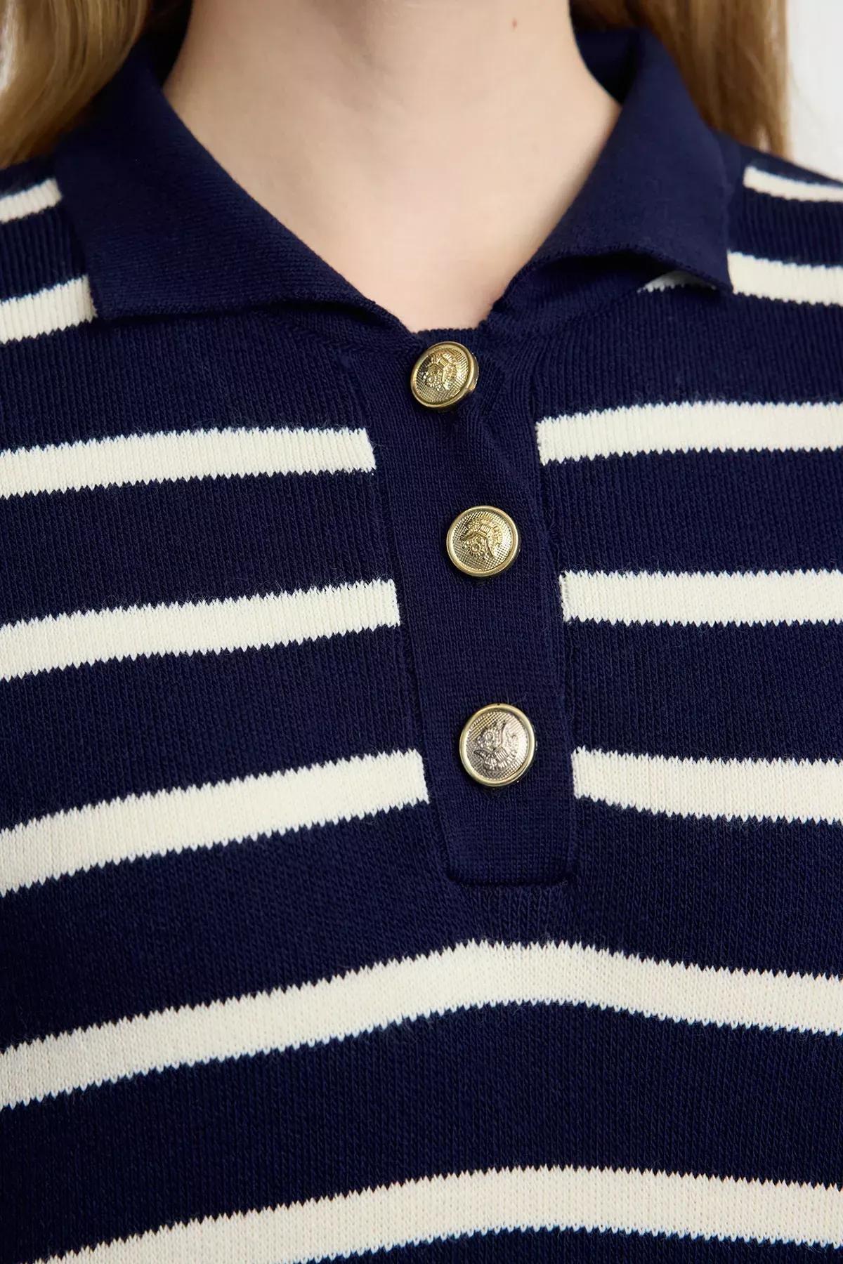 Navy Striped Balloon Knit Sweater, Navy blue, large image number 3