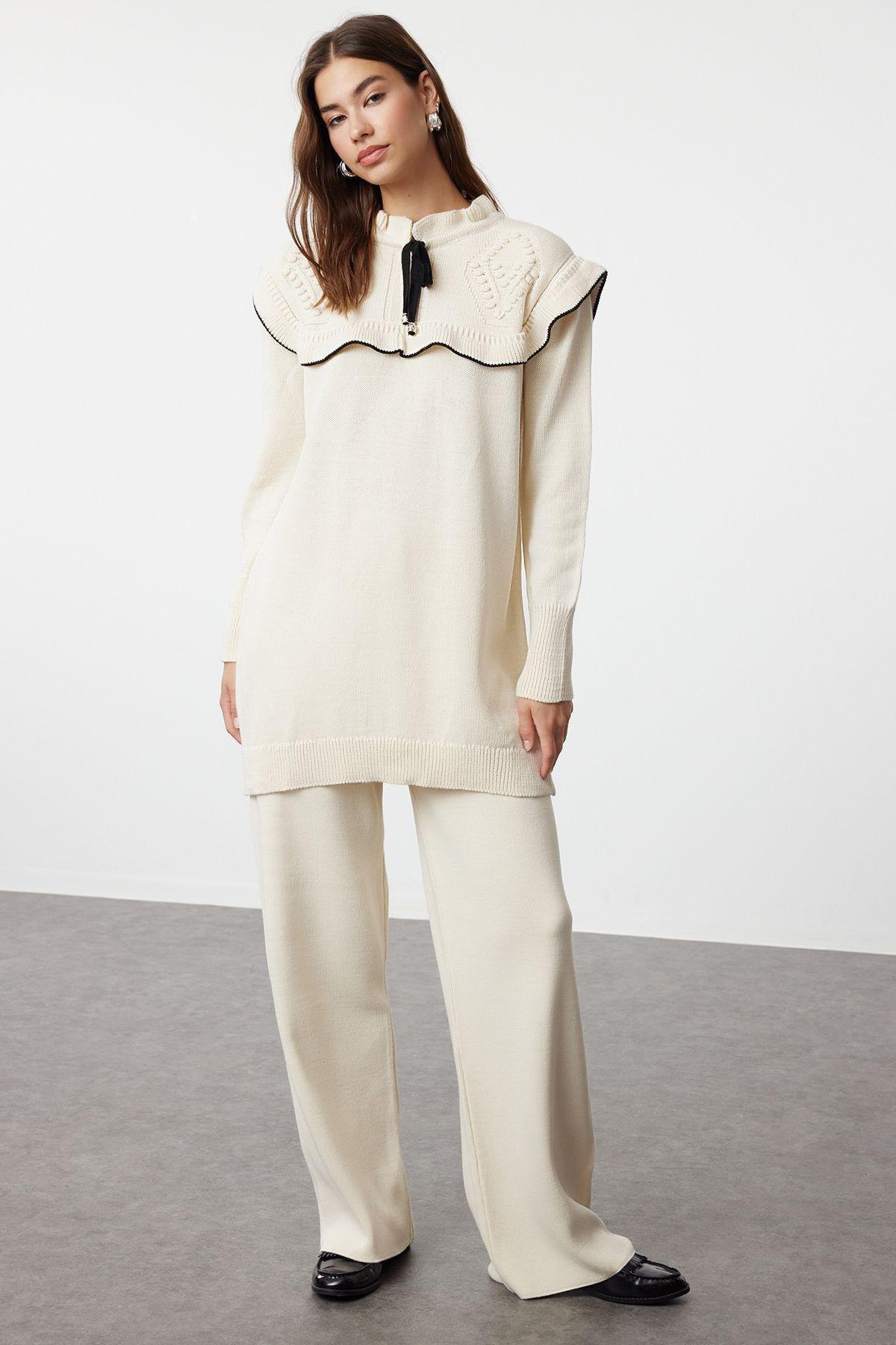 Beige Black Piping Collar Knit Set, Ecru, large image number 0