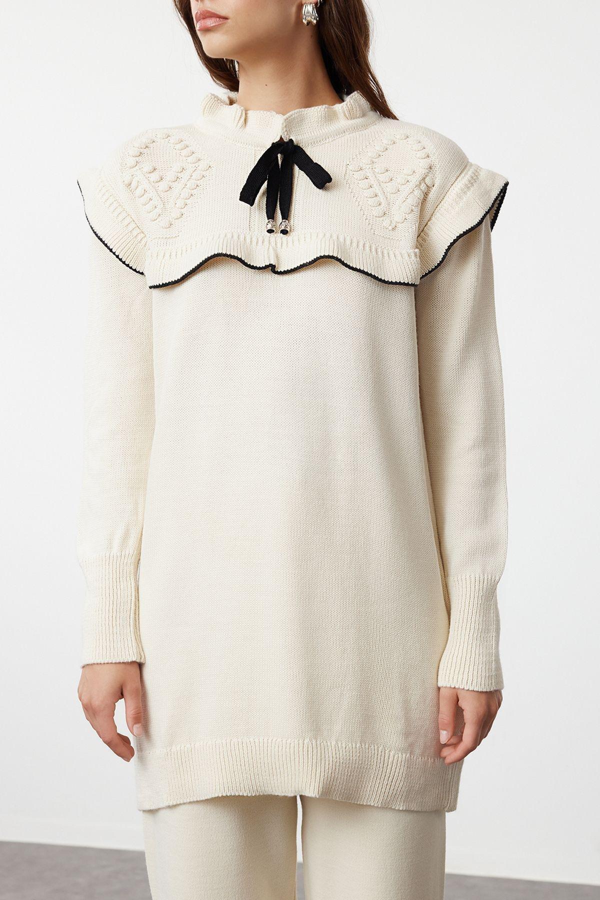 Beige Black Piping Collar Knit Set, Ecru, large image number 3