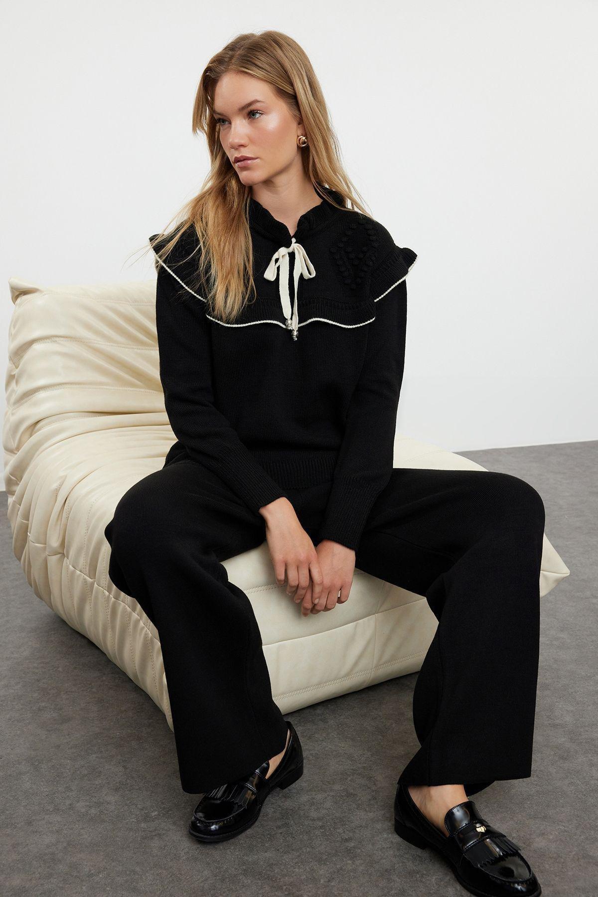Black Ecru Piping Collar Detailed Knitwear Bottom-Top Set TCTAW25US00006, , large image number 0