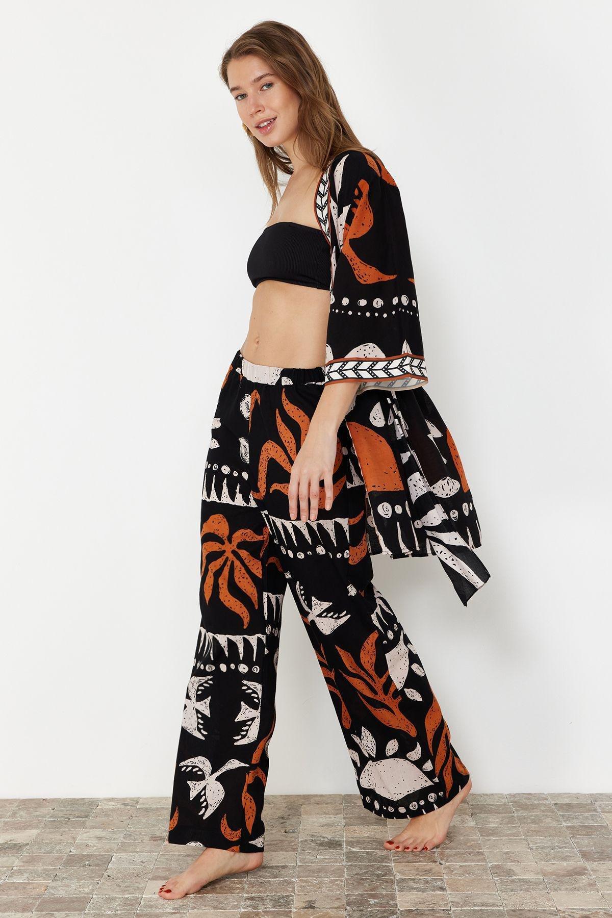 Abstract Patterned Woven 100% Cotton Trousers TBESS24PL00020, , large image number 1