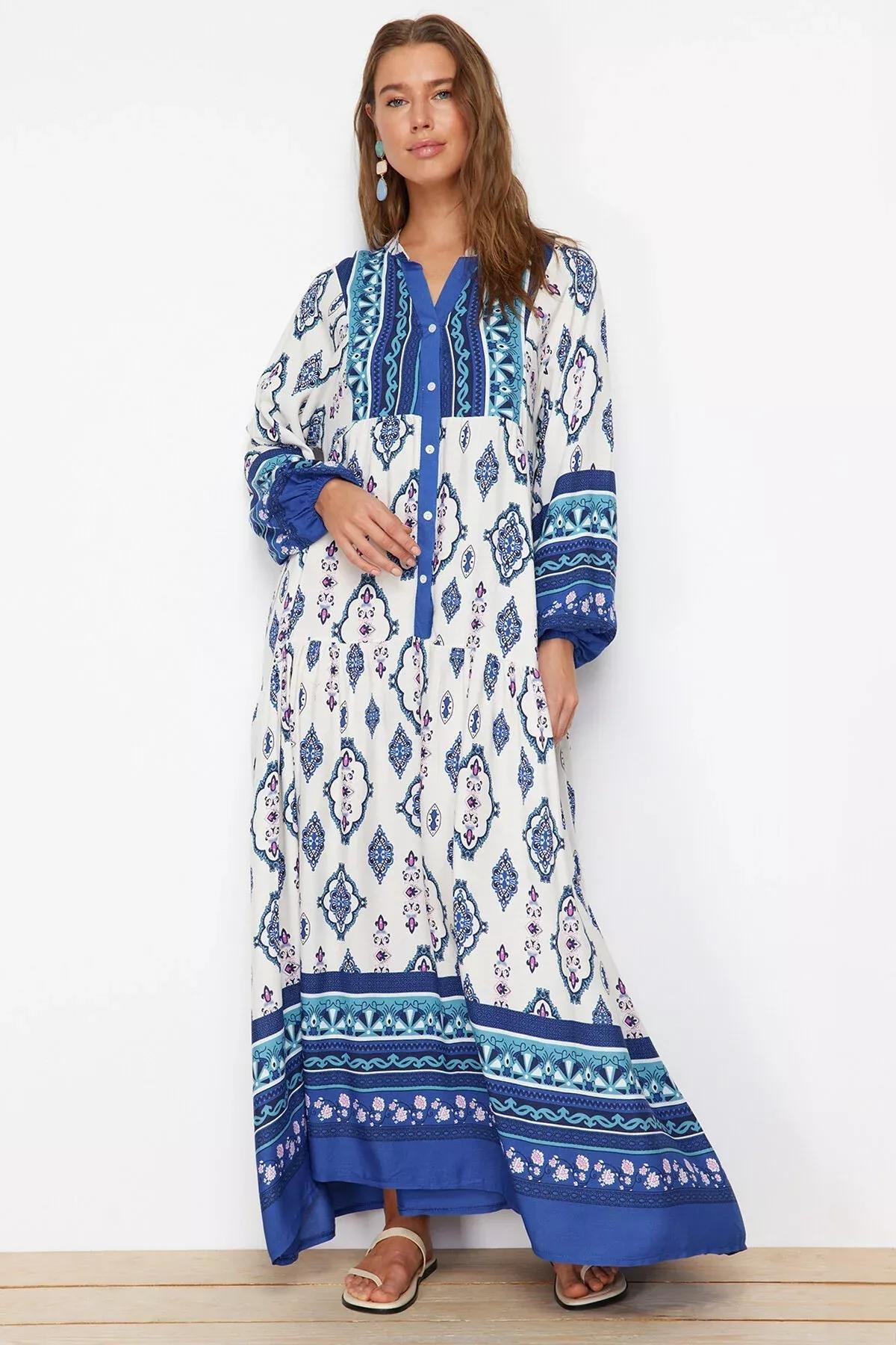 Blue Ethnic Print Kimono Dress, , large image number 0