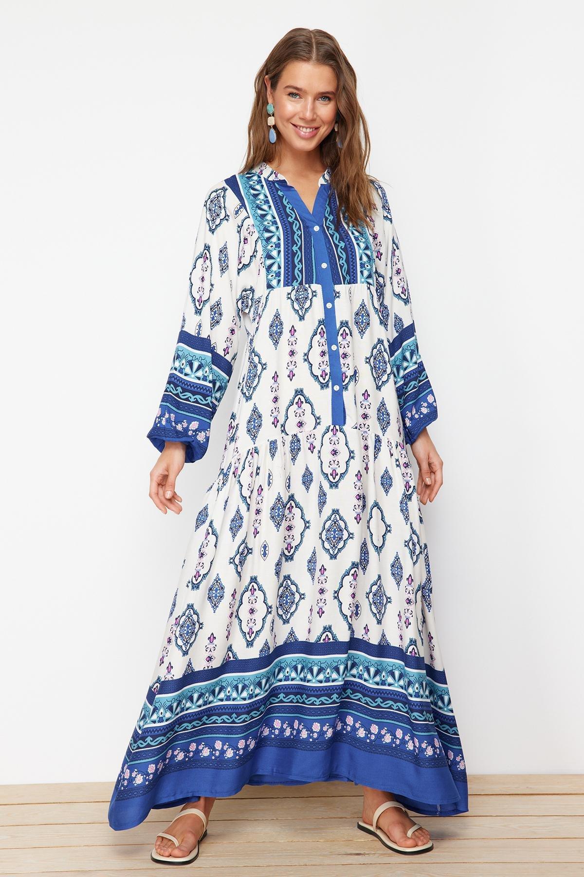 Blue Ethnic Print Kimono Dress, , large image number 1