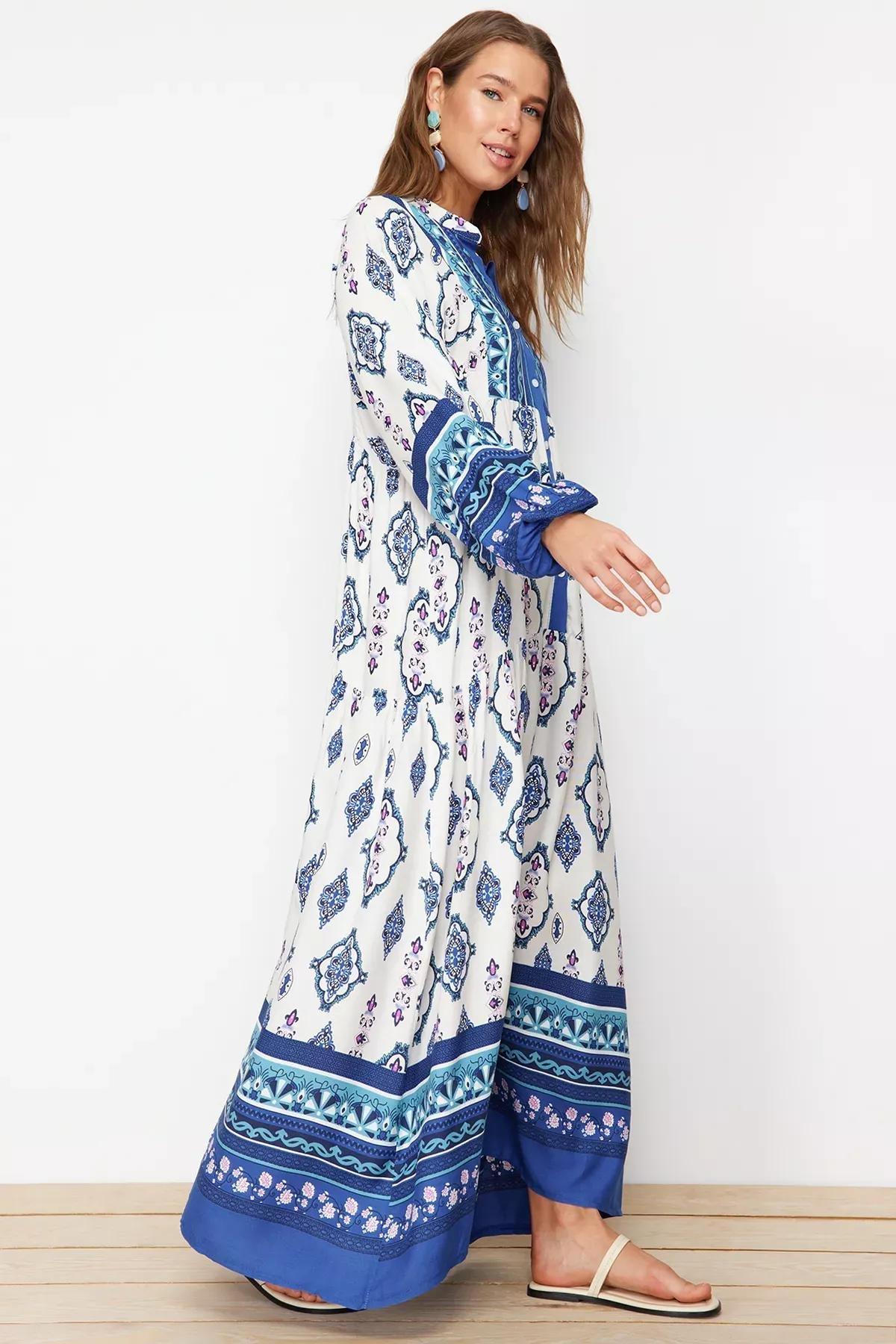 Blue Ethnic Print Kimono Dress, , large image number 2