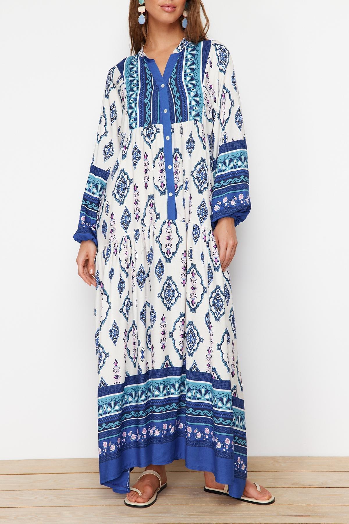 Blue Ethnic Print Kimono Dress, , large image number 3