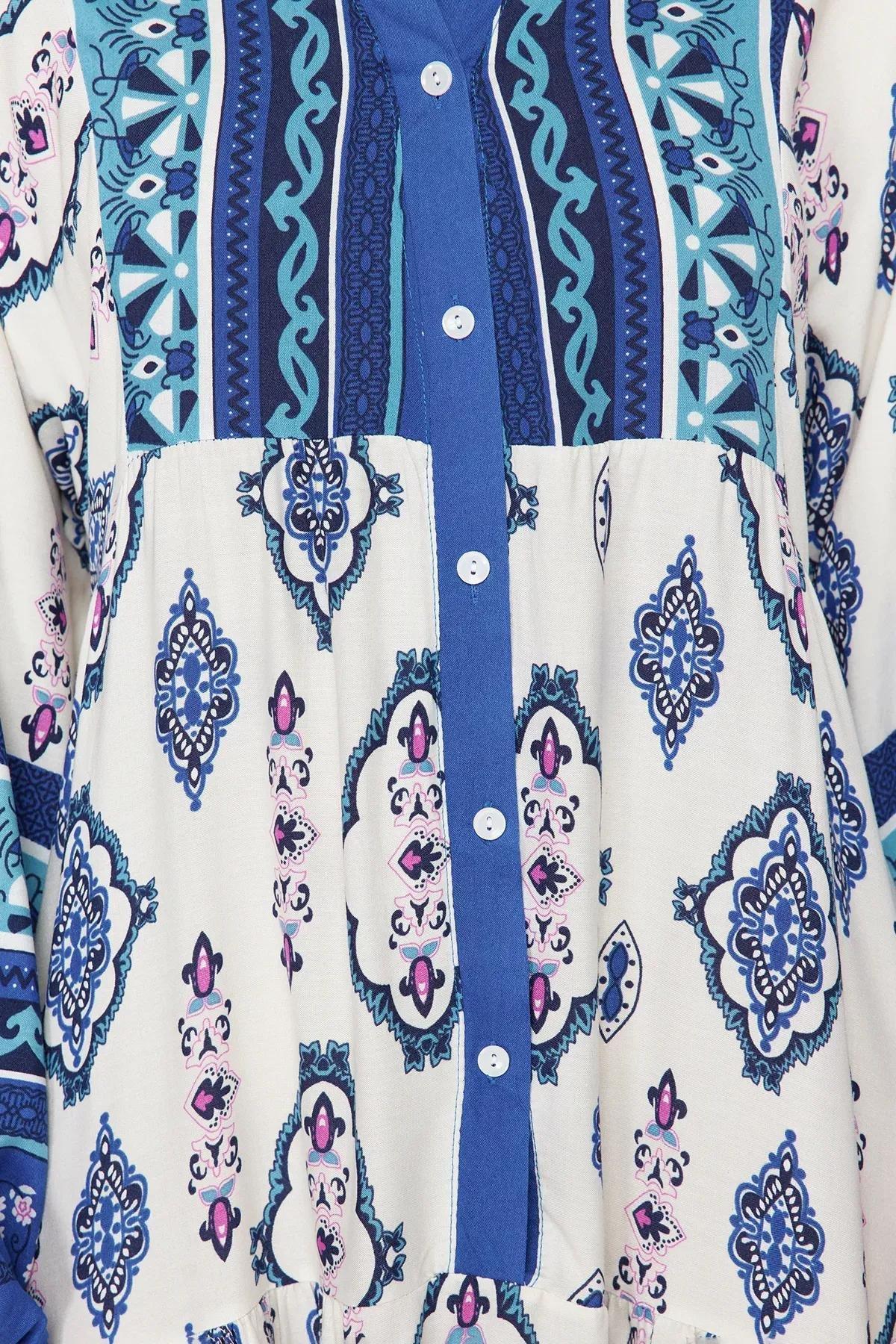 Blue Ethnic Print Kimono Dress, , large image number 4