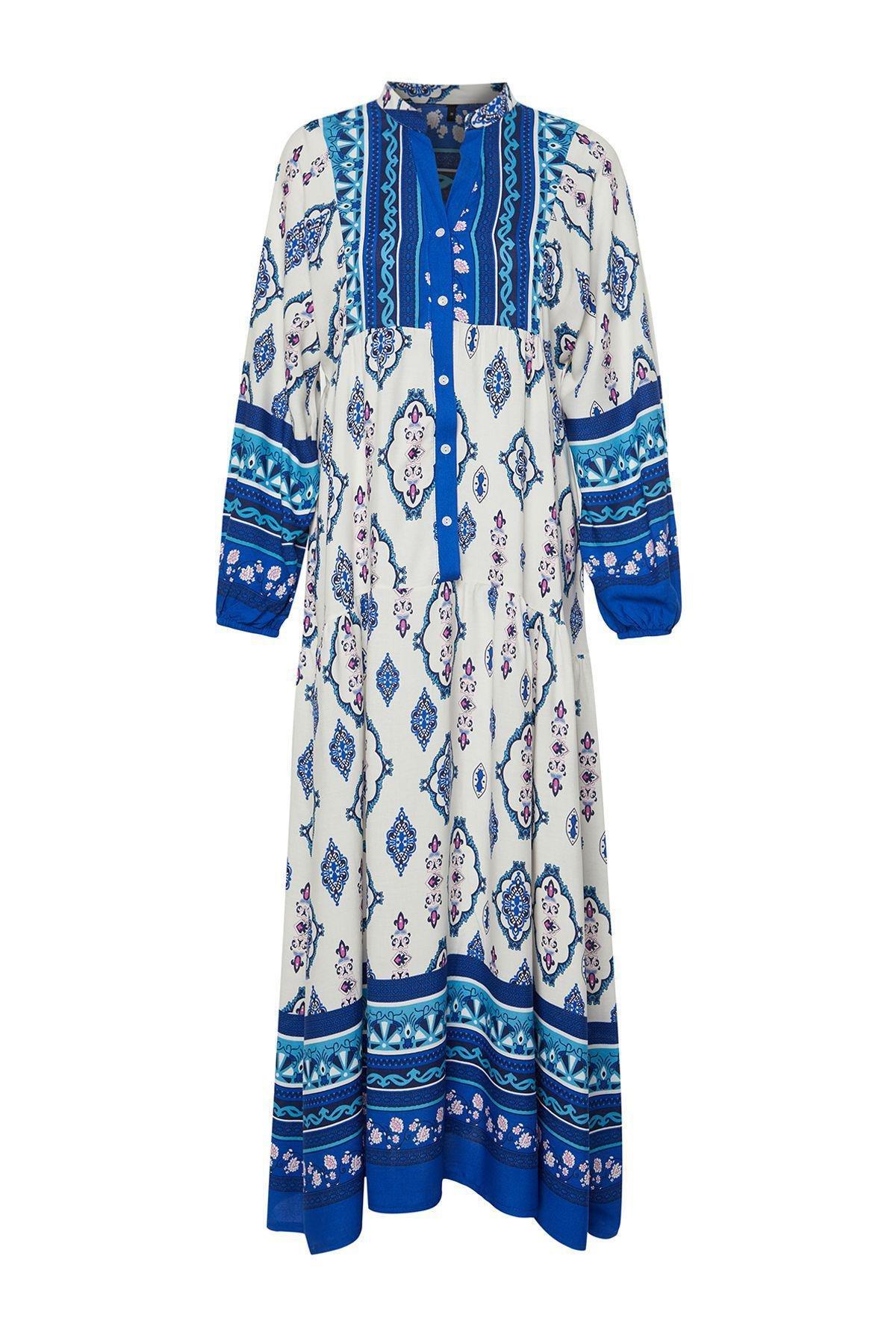 Blue Ethnic Print Kimono Dress, , large image number 6