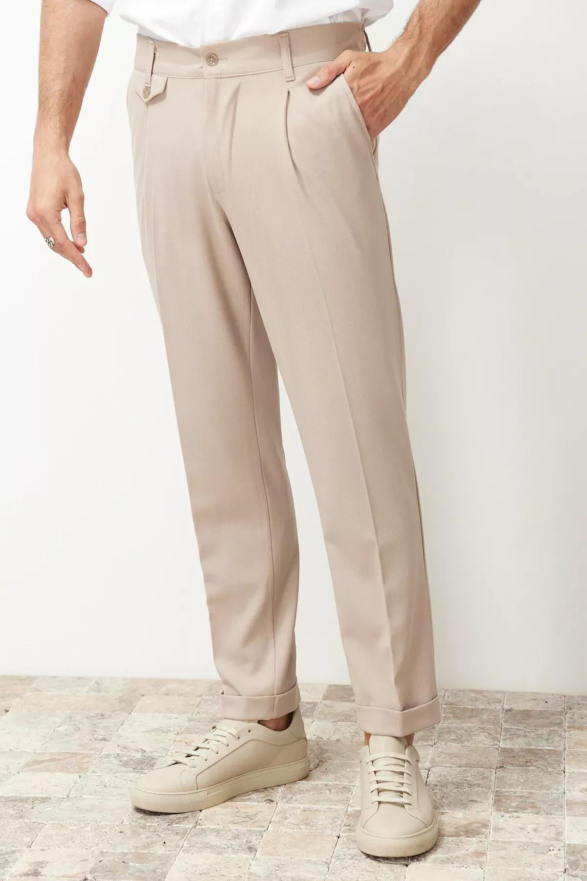 Beige Italian Pleated Fabric Trousers, , large image number 0