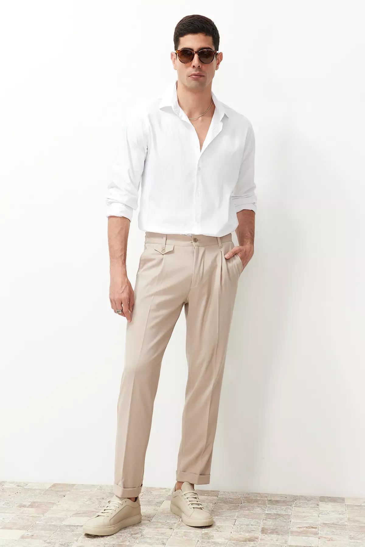 Beige Italian Pleated Fabric Trousers, , large image number 1