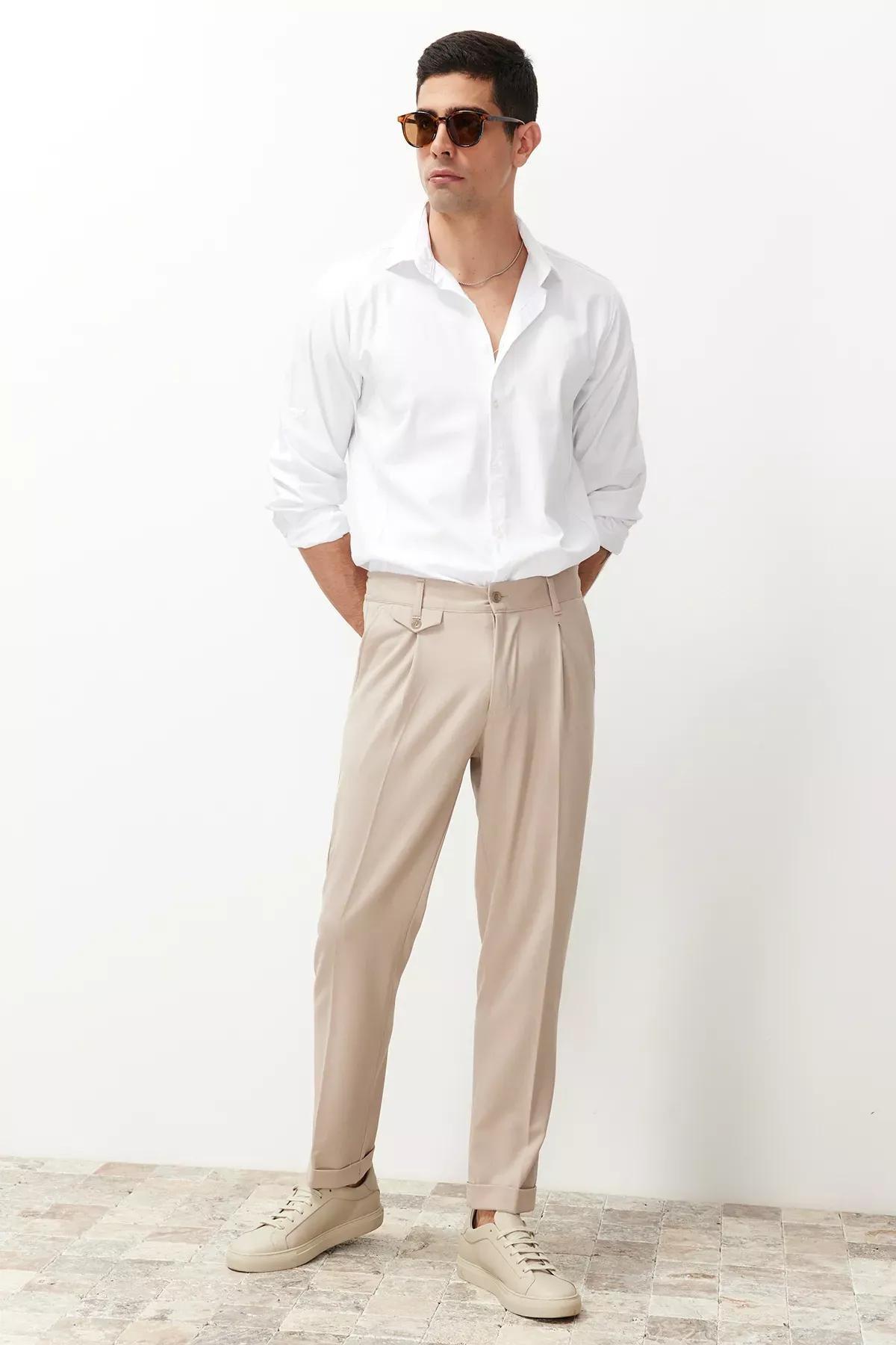 Beige Italian Pleated Fabric Trousers, , large image number 2