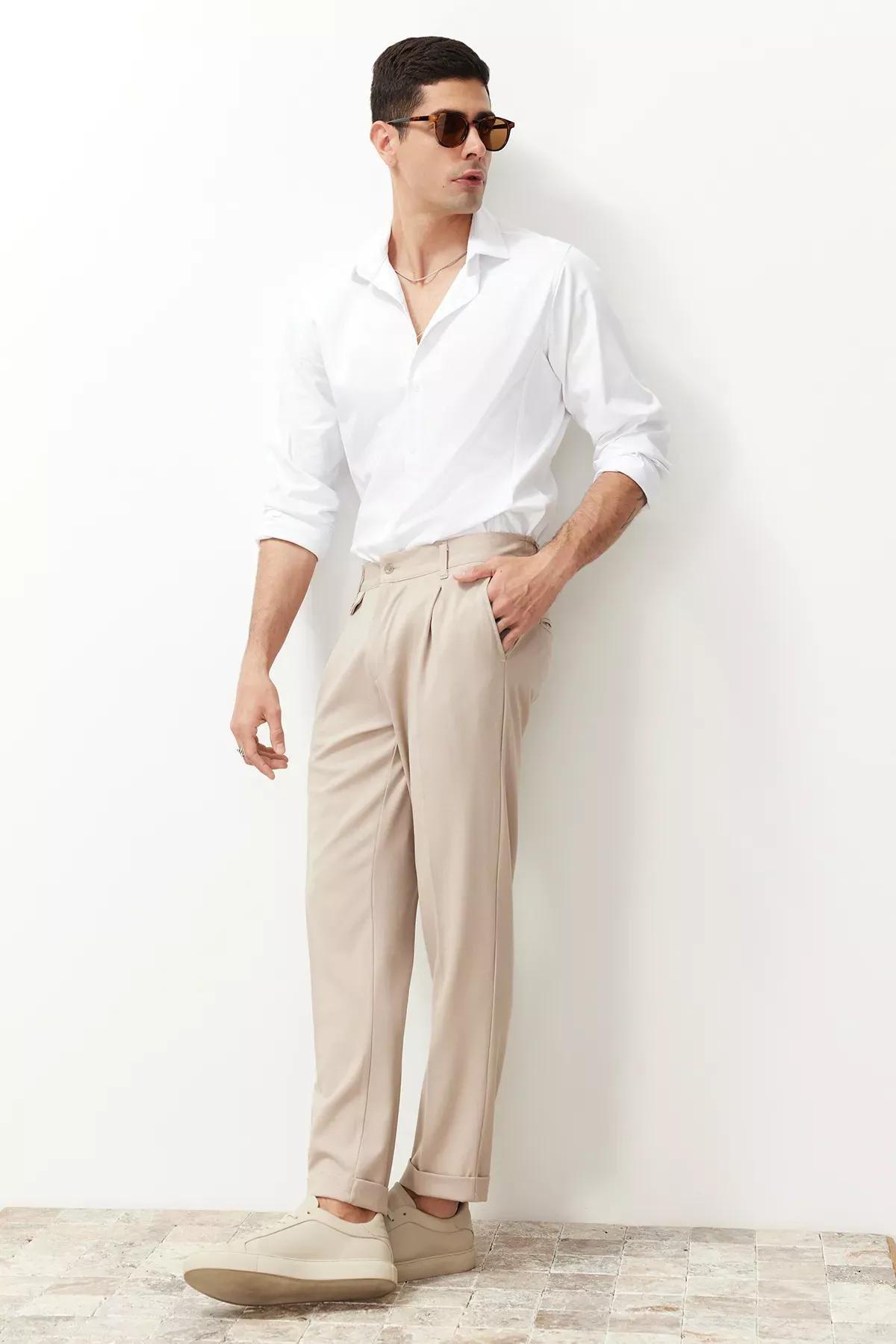 Beige Italian Pleated Fabric Trousers, , large image number 3