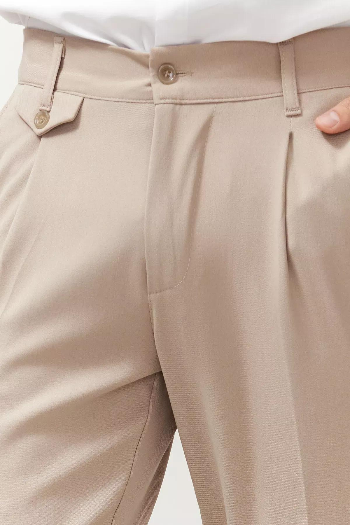 Beige Italian Pleated Fabric Trousers, , large image number 4