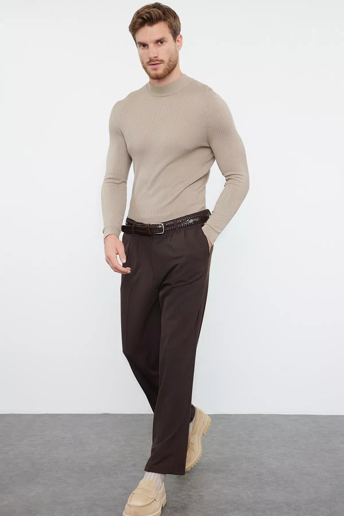 Brown Pleated Baggy Trousers, Brown, large image number 1