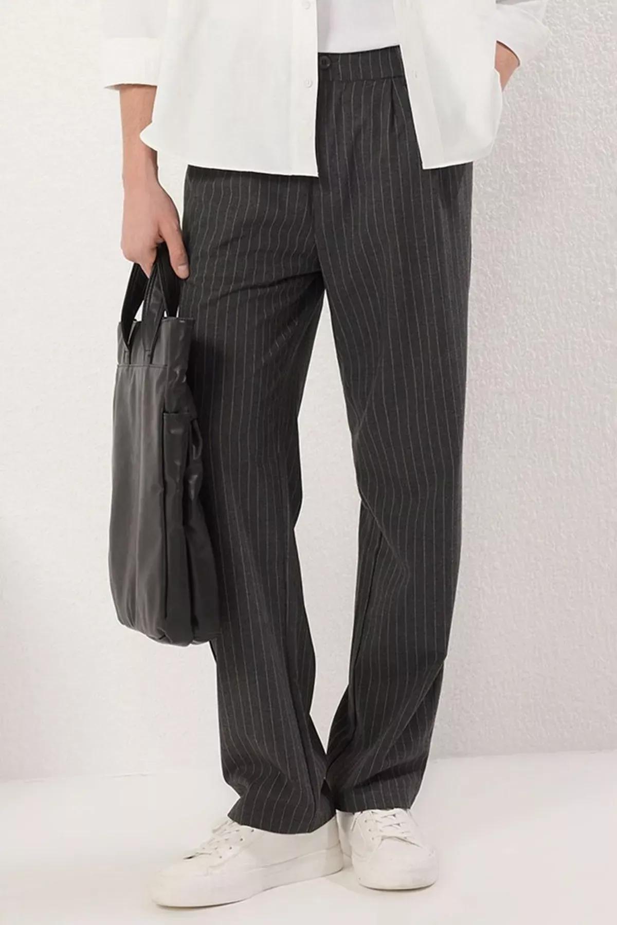Grey Striped Pleated Trousers, , large image number 0