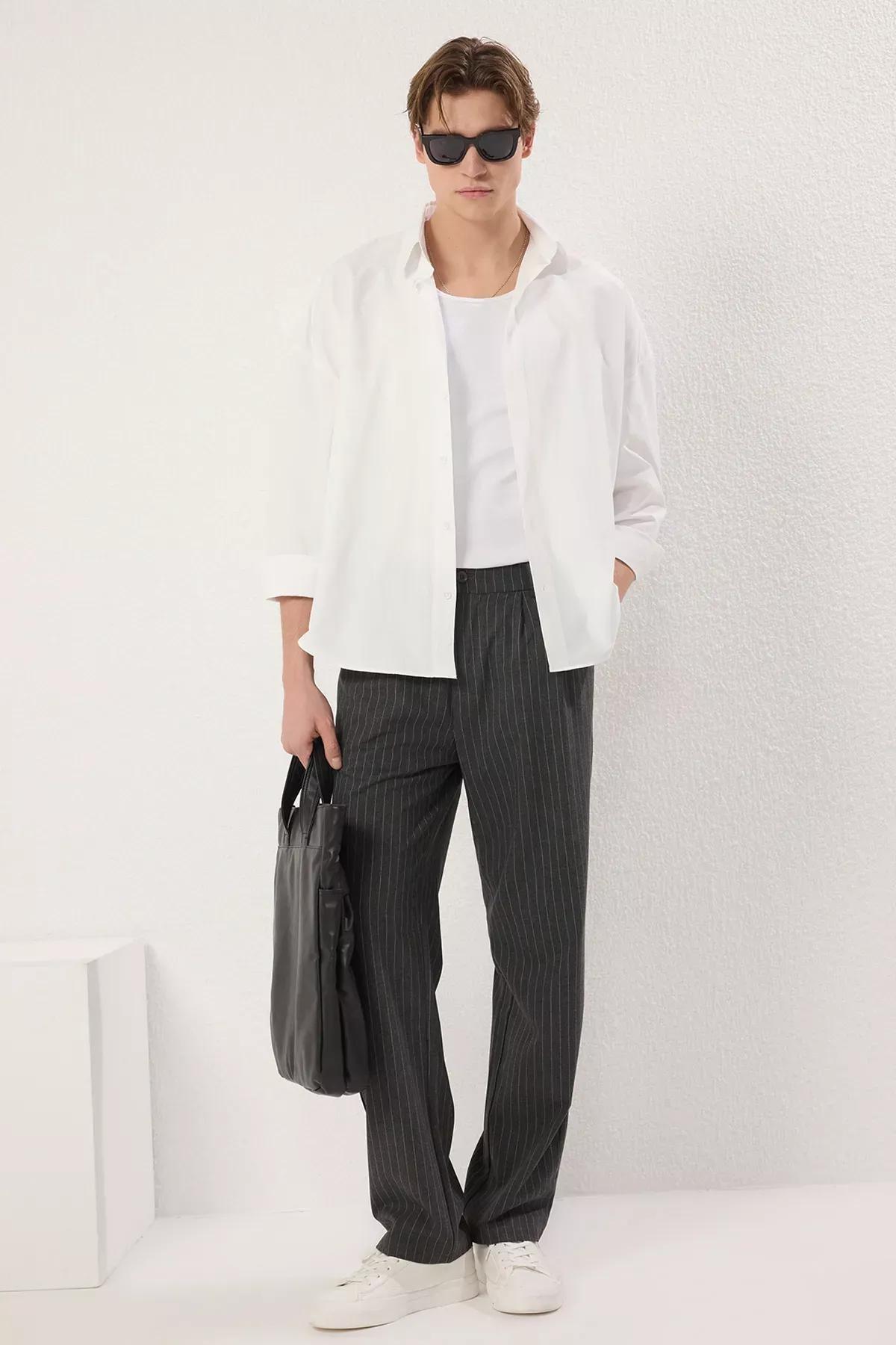 Grey Striped Pleated Trousers, , large image number 2