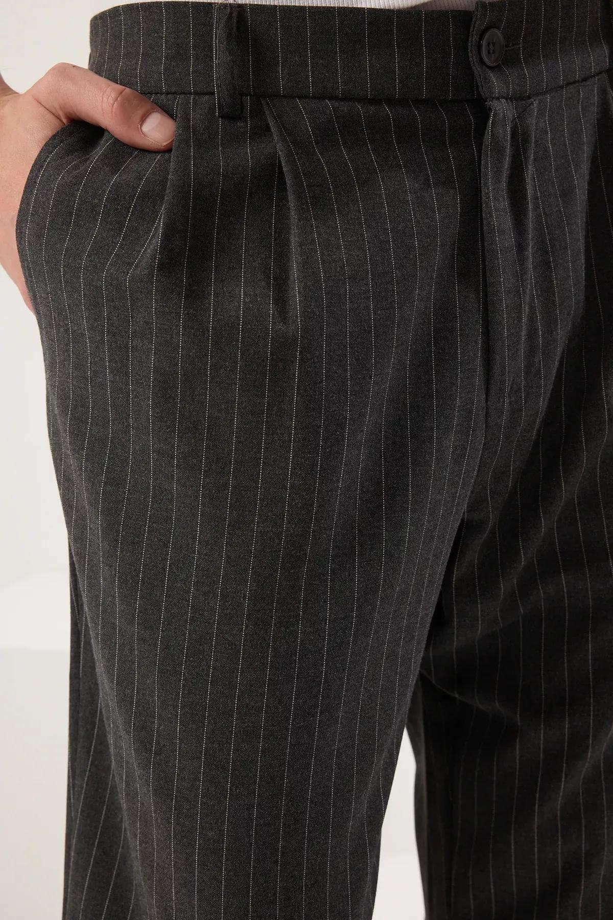 Grey Striped Pleated Trousers, , large image number 3