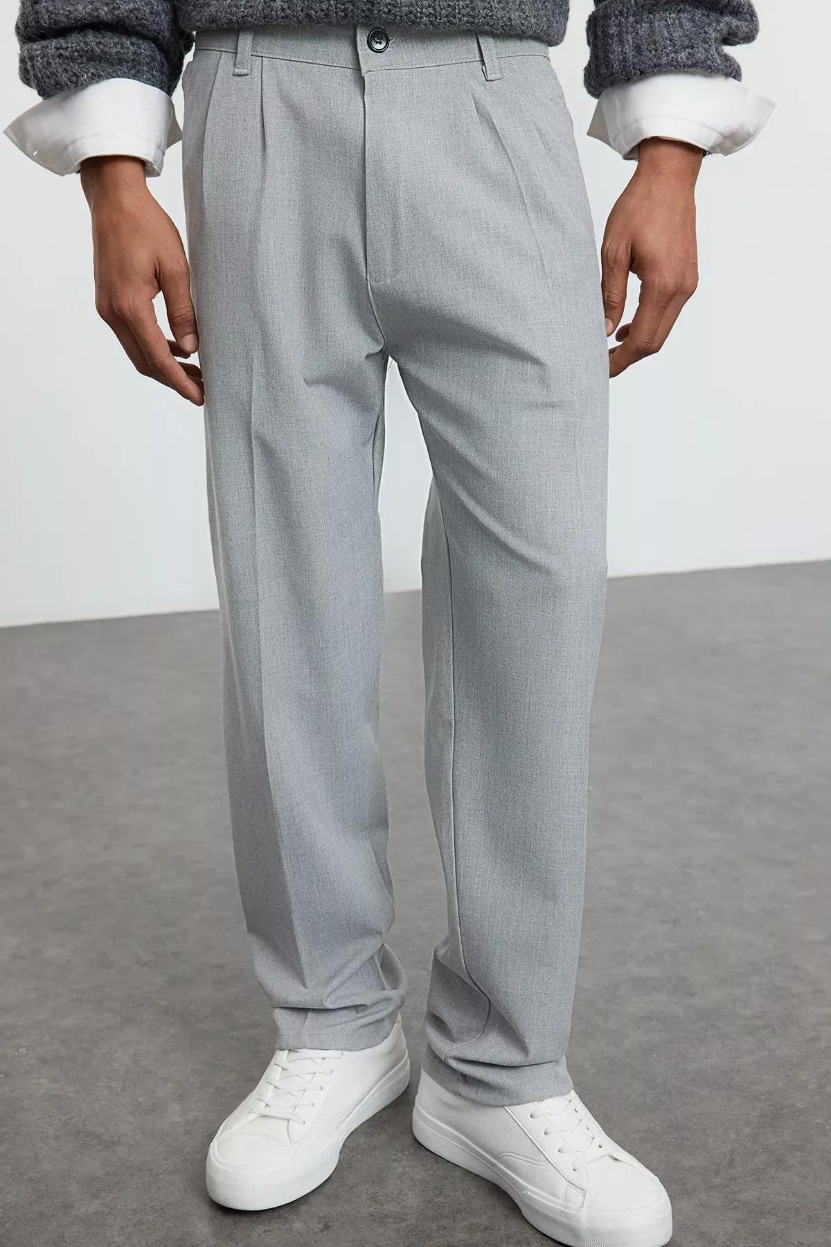 Grey Pleated Baggy Trousers, Grey, medium
