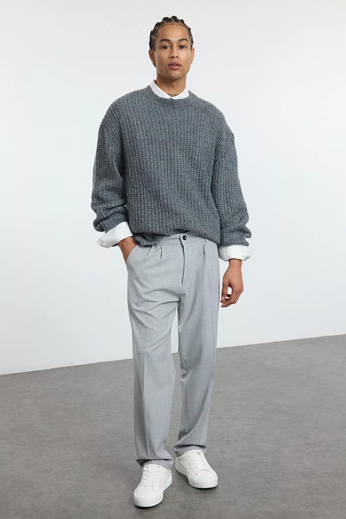 Grey Pleated Baggy Trousers, Grey, large image number 1