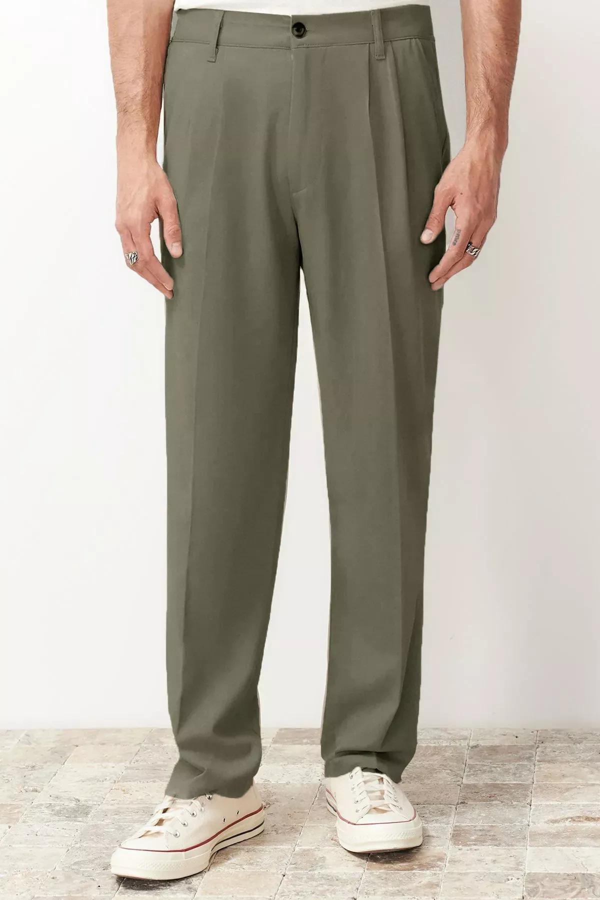 Green Pleated Baggy Fit Trousers, Khaki, medium