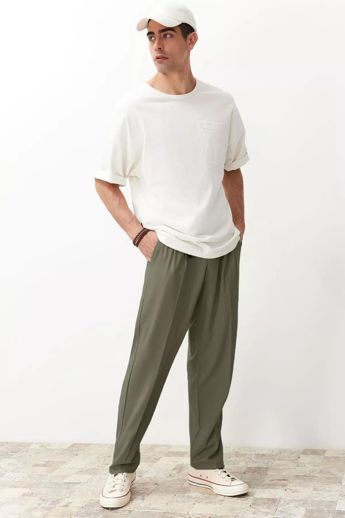 Green Pleated Baggy Fit Trousers, Khaki, large image number 1