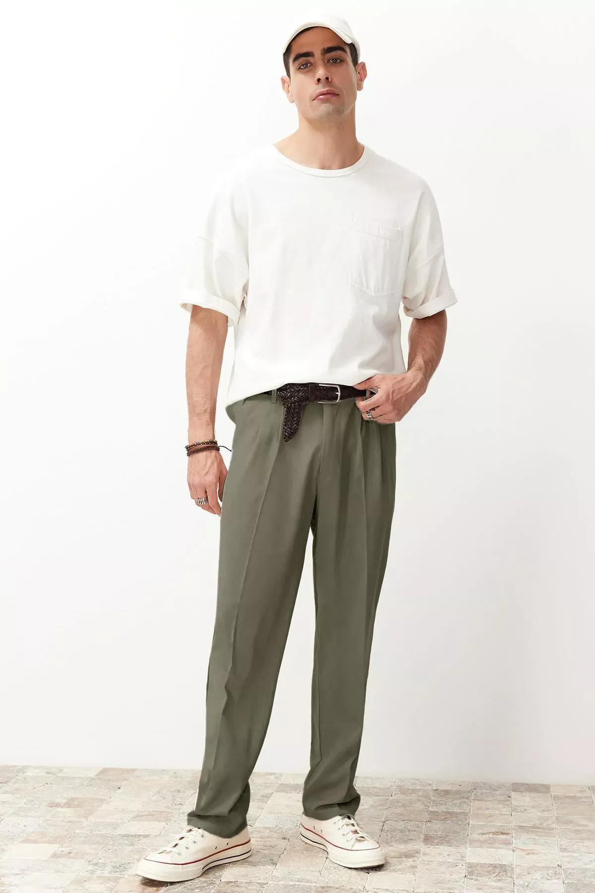 Green Pleated Baggy Fit Trousers, Khaki, medium