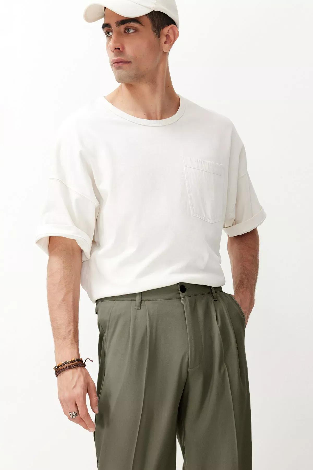 Green Pleated Baggy Fit Trousers, Khaki, large image number 3