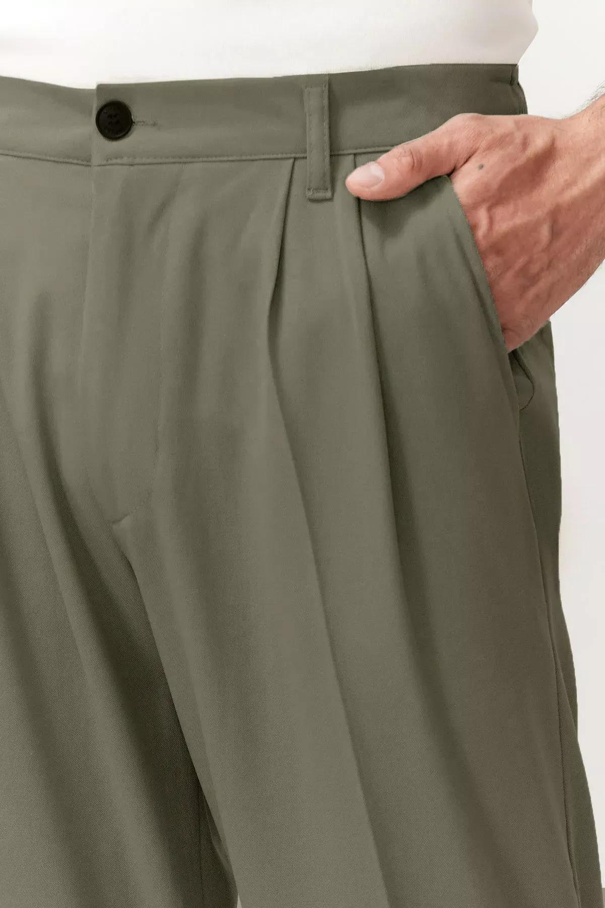 Green Pleated Baggy Fit Trousers, Khaki, large image number 4