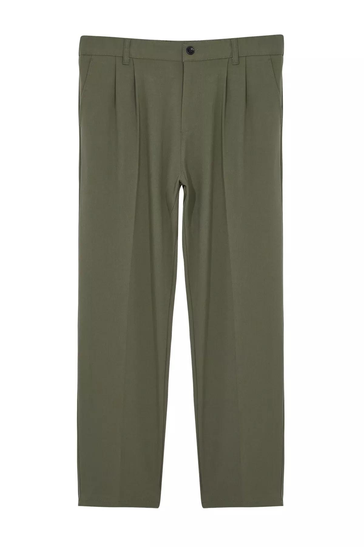 Green Pleated Baggy Fit Trousers, Khaki, large image number 7