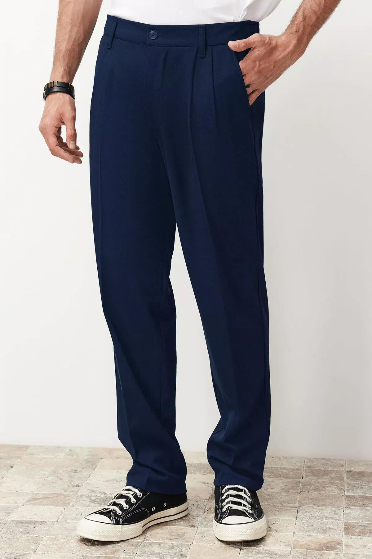 Navy Blue Pleated Classic Baggy Fit Fabric Trousers TMNSS24PL00024, Navy blue, large image number 0