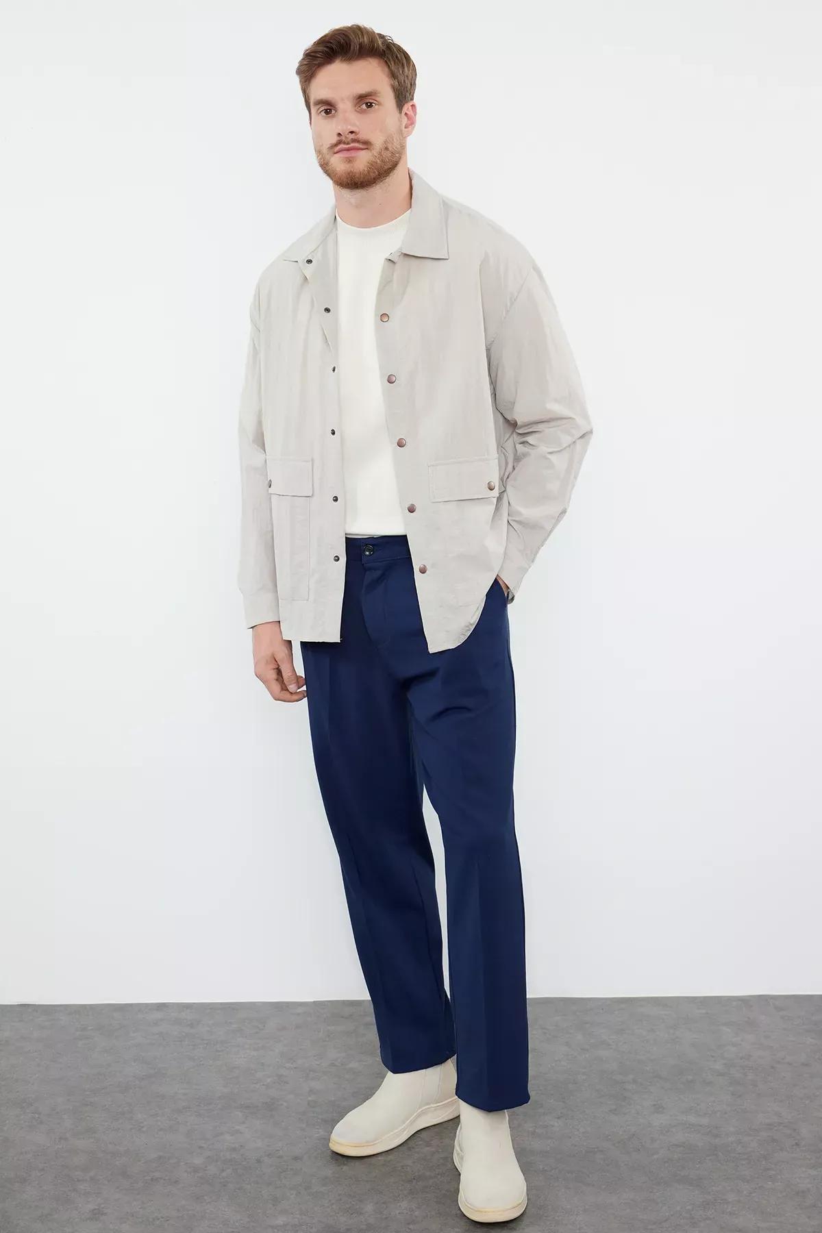 Navy Blue Pleated Classic Baggy Fit Fabric Trousers TMNSS24PL00024, Navy blue, large image number 1