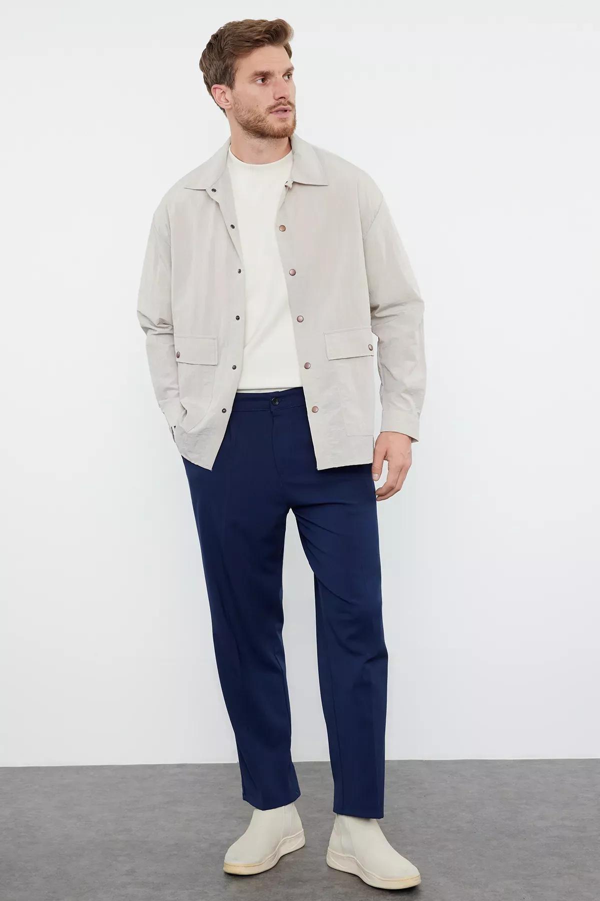 Navy Blue Pleated Classic Baggy Fit Fabric Trousers TMNSS24PL00024, Navy blue, large image number 2