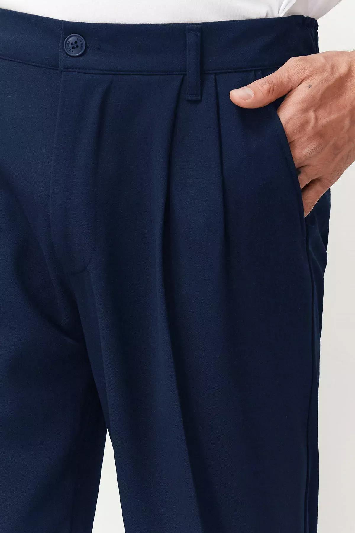 Navy Blue Pleated Classic Baggy Fit Fabric Trousers TMNSS24PL00024, Navy blue, large image number 3