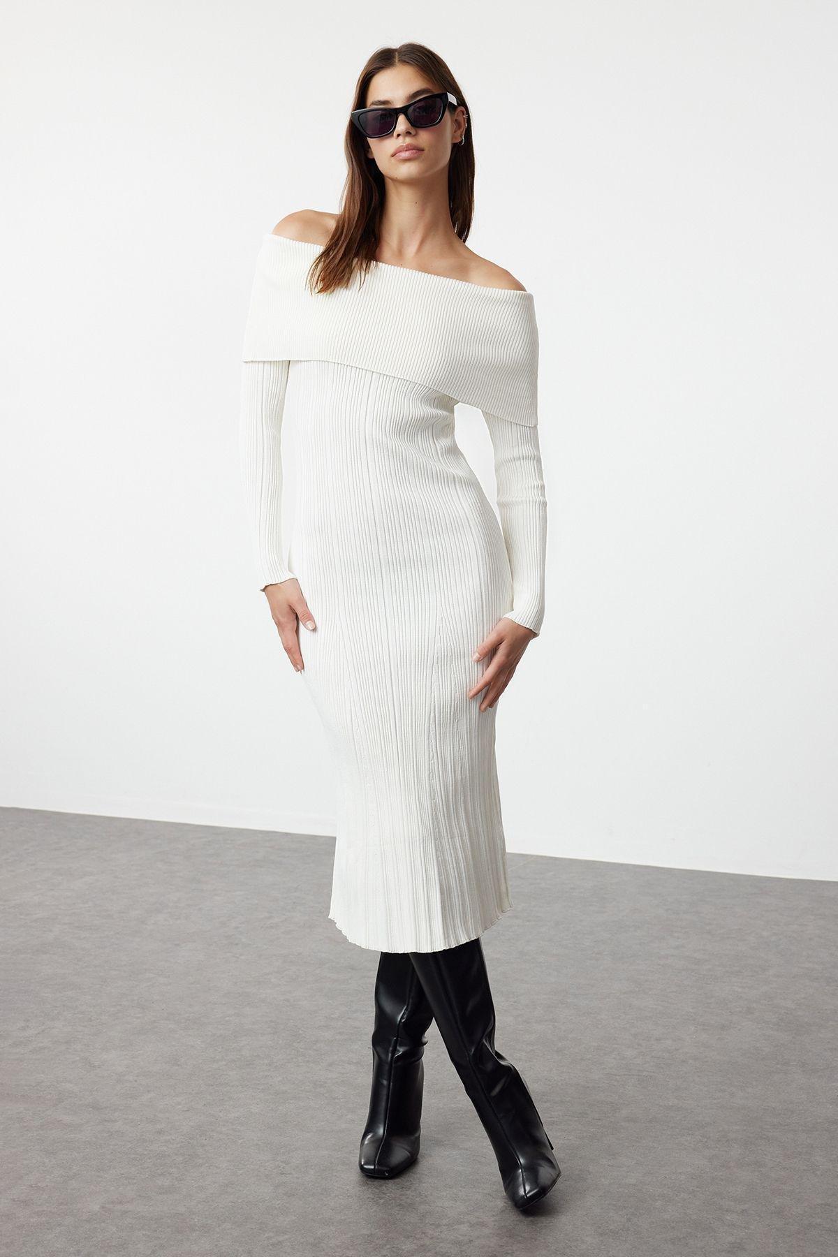Ecru Ribbed Bardot Midi Dress, , large image number 0