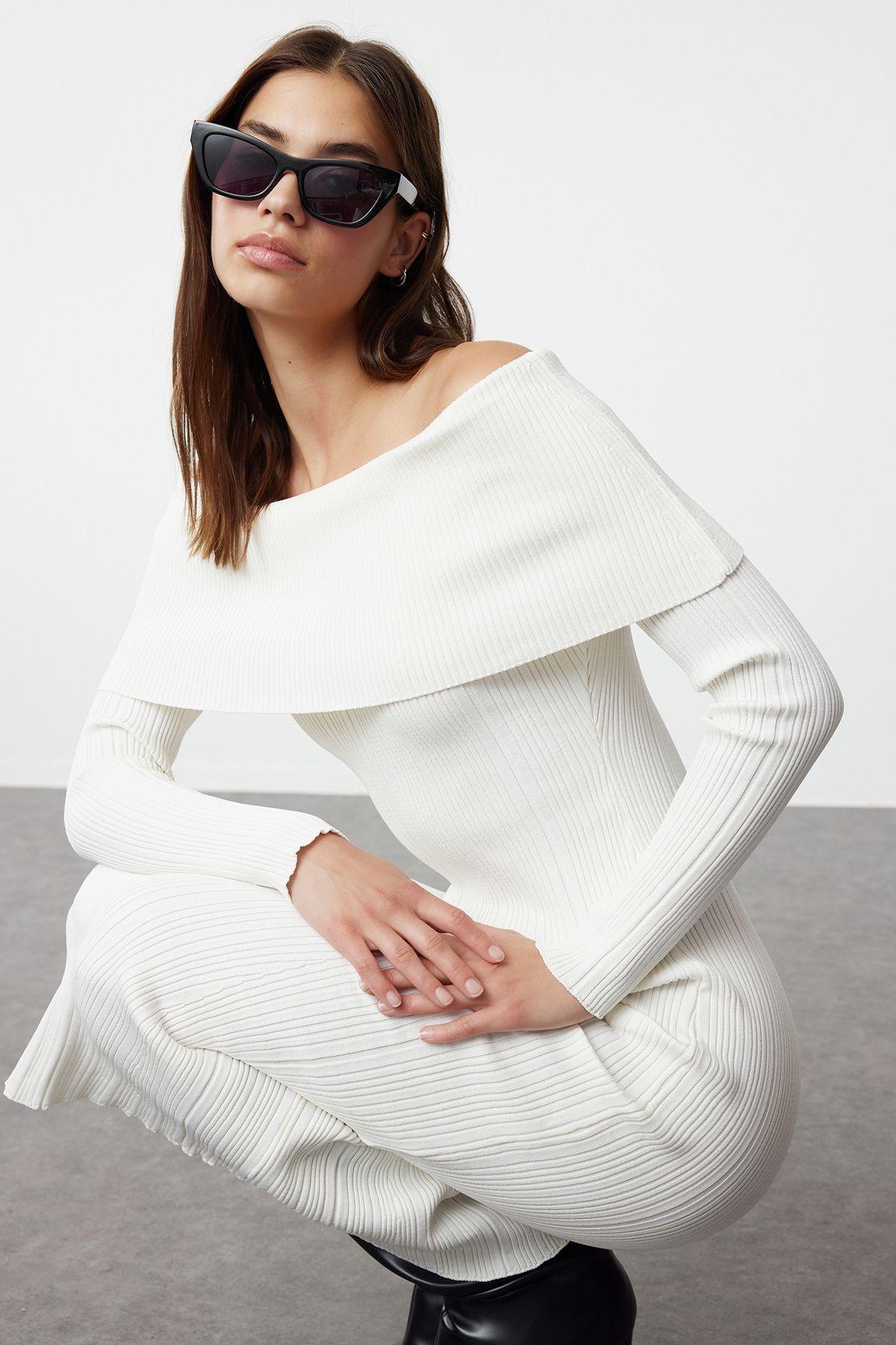 Ecru Ribbed Bardot Midi Dress, , large image number 1