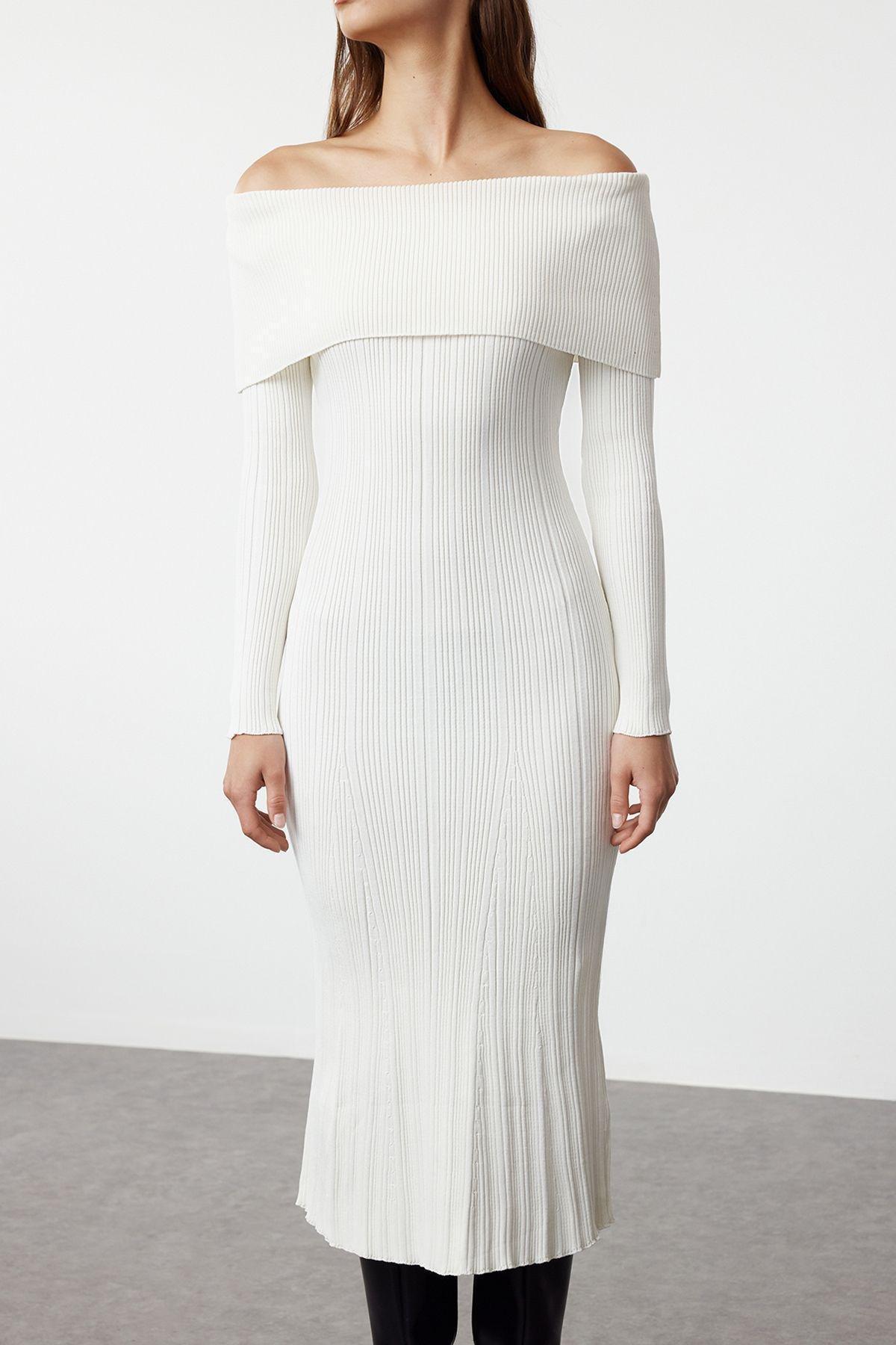 Ecru Ribbed Bardot Midi Dress, , large image number 3