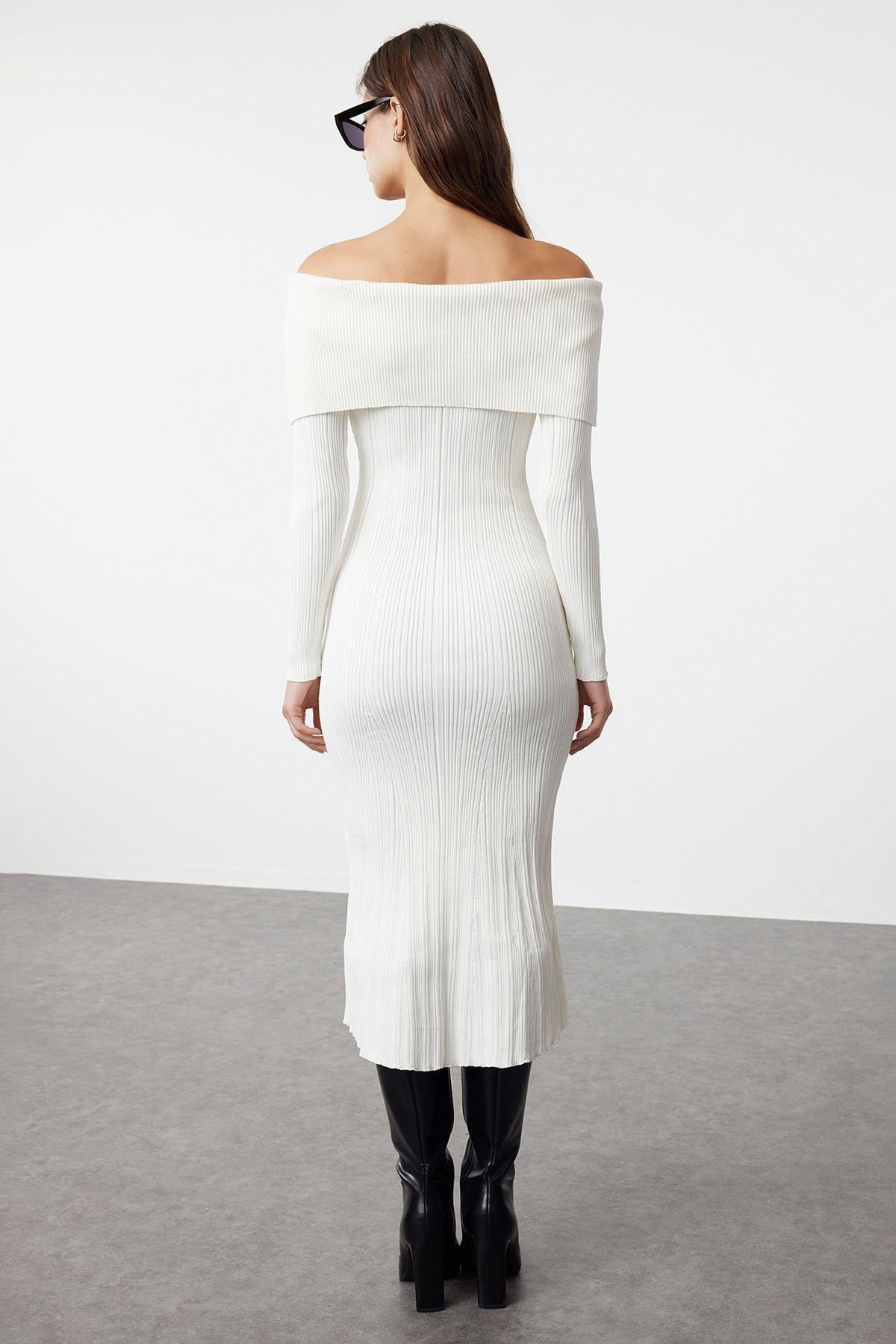 Ecru Ribbed Bardot Midi Dress, , large image number 4