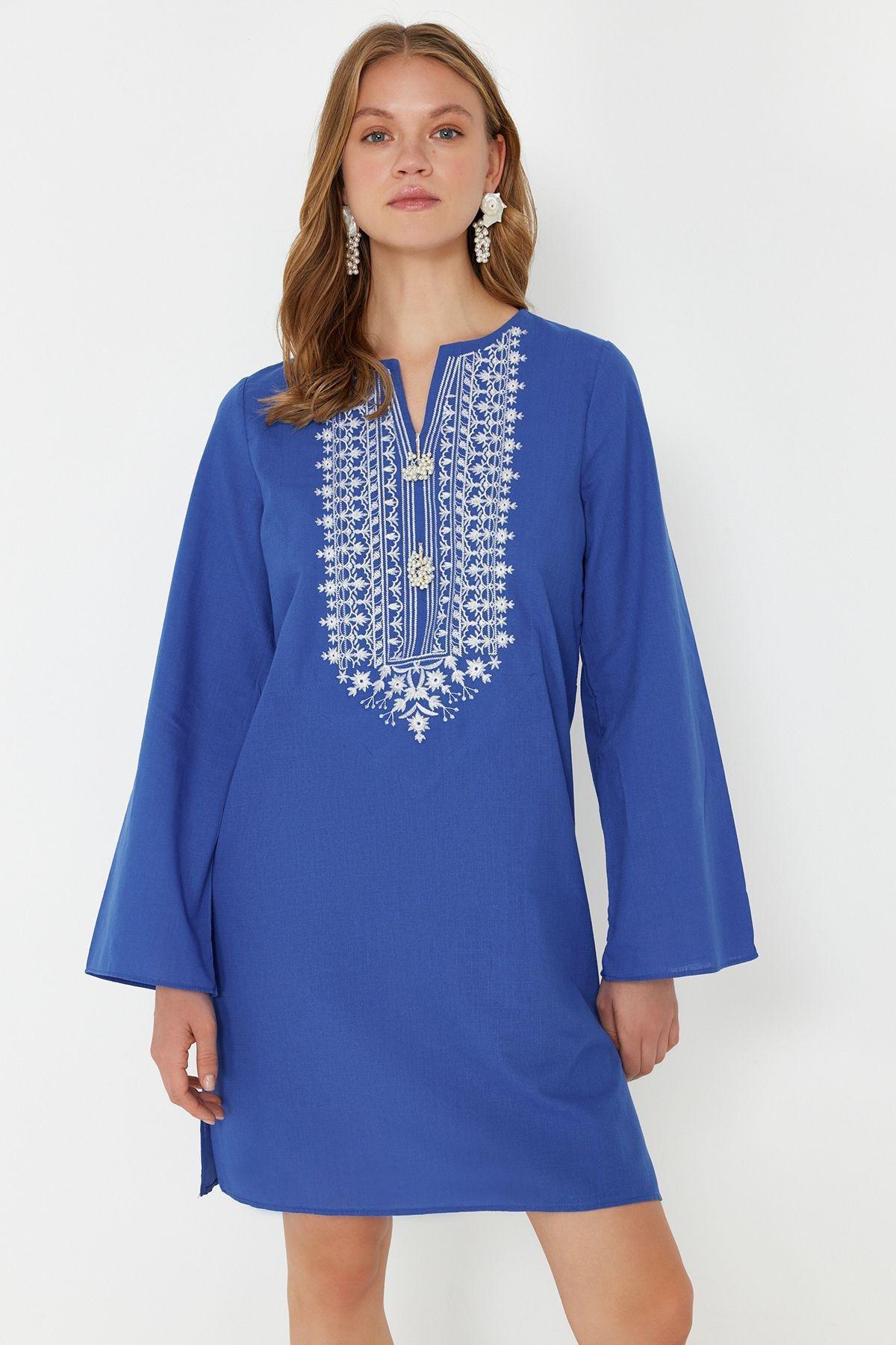 Blue Embroidered Shift Mini Dress TBESS24EL00148, , large image number 0