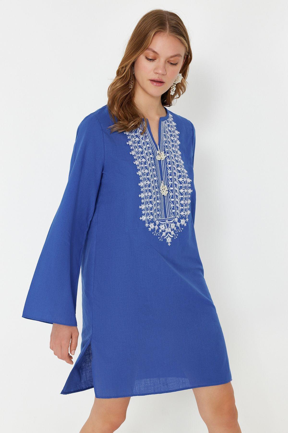Blue Embroidered Shift Mini Dress TBESS24EL00148, , large image number 1