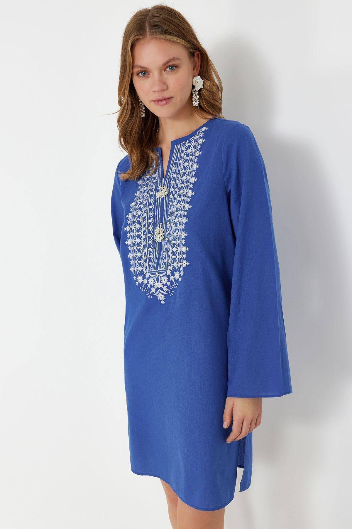 Blue Embroidered Shift Mini Dress TBESS24EL00148, , large image number 2