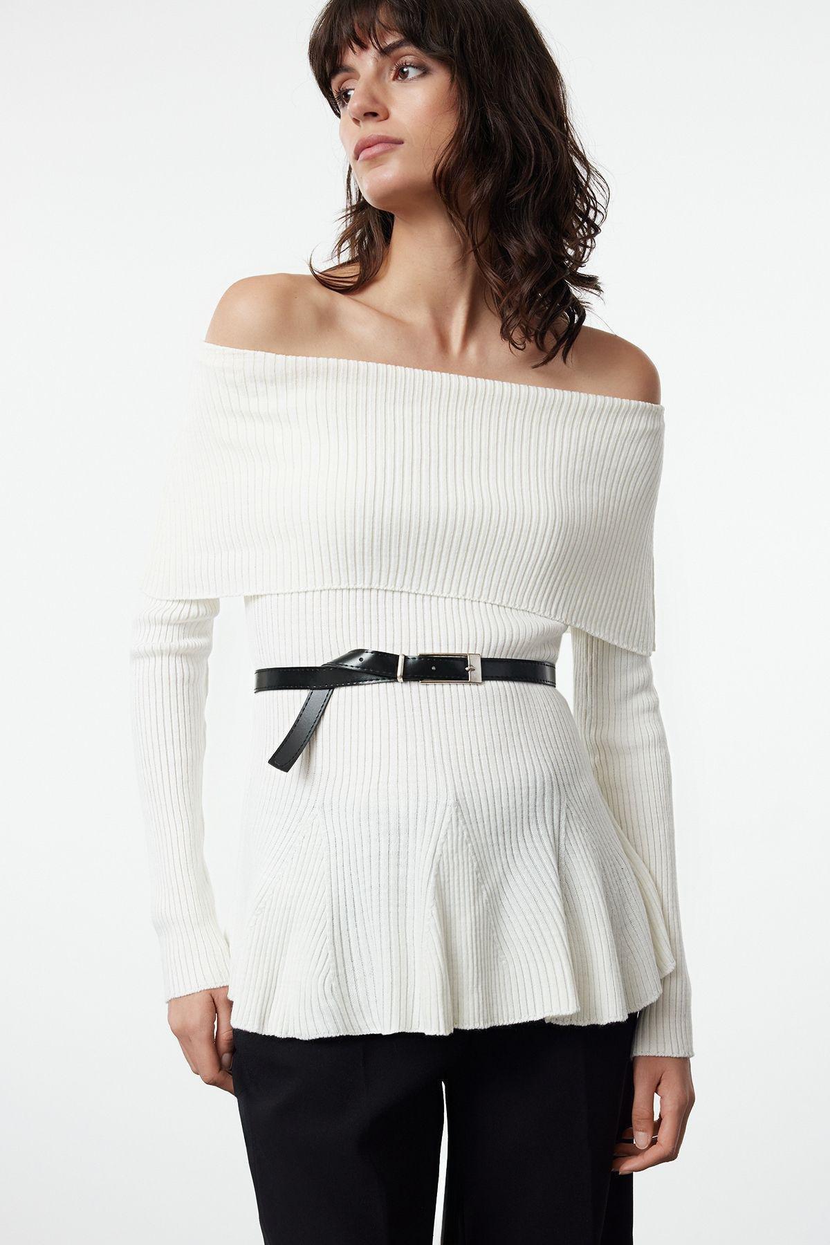 Ecru Textured Ribbed Knitwear Sweater, , large image number 0