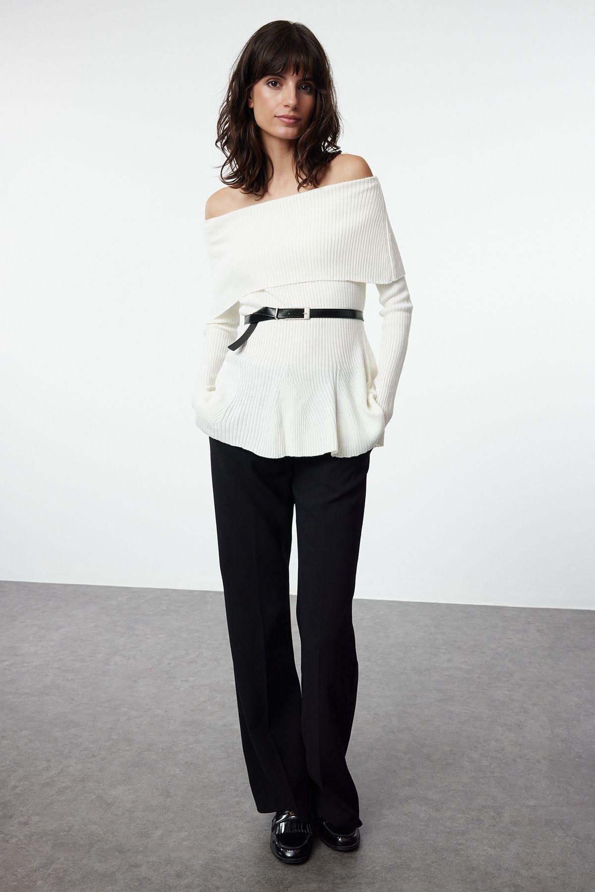 Ecru Textured Ribbed Knitwear Sweater, , large image number 1