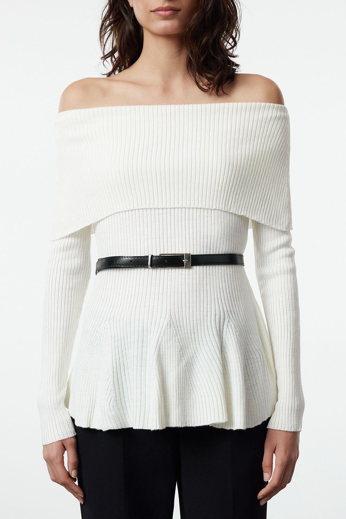 Ecru Textured Ribbed Knitwear Sweater, , large image number 3