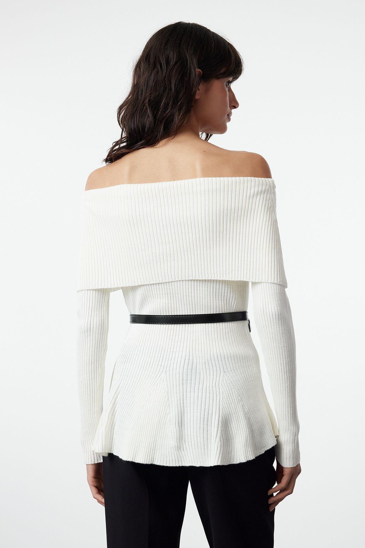 Ecru Textured Ribbed Knitwear Sweater, , large image number 4
