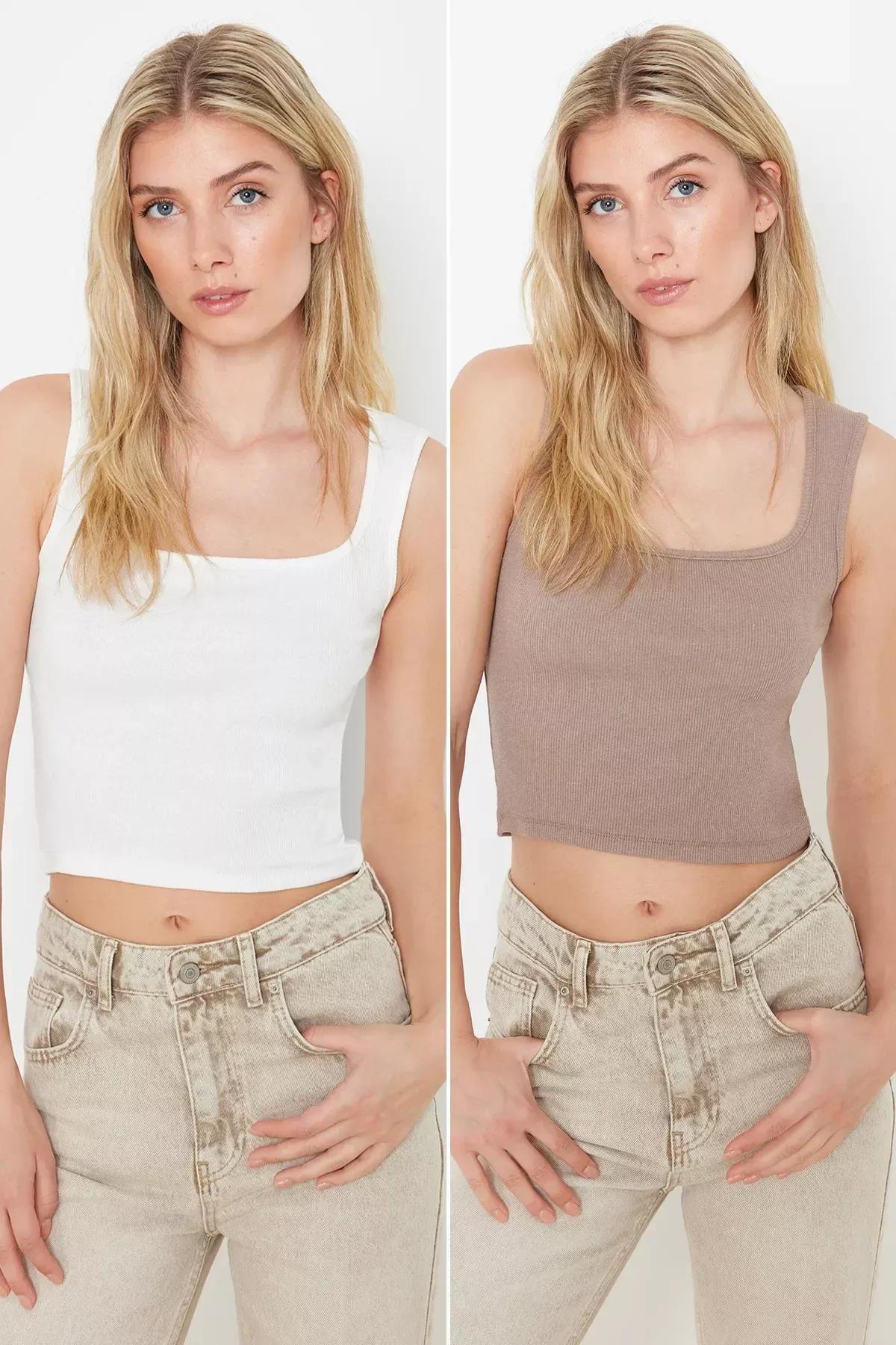 Mink-Ecru 2-Pack Plain Crop Shirt, Mink-Ecru, large image number 0