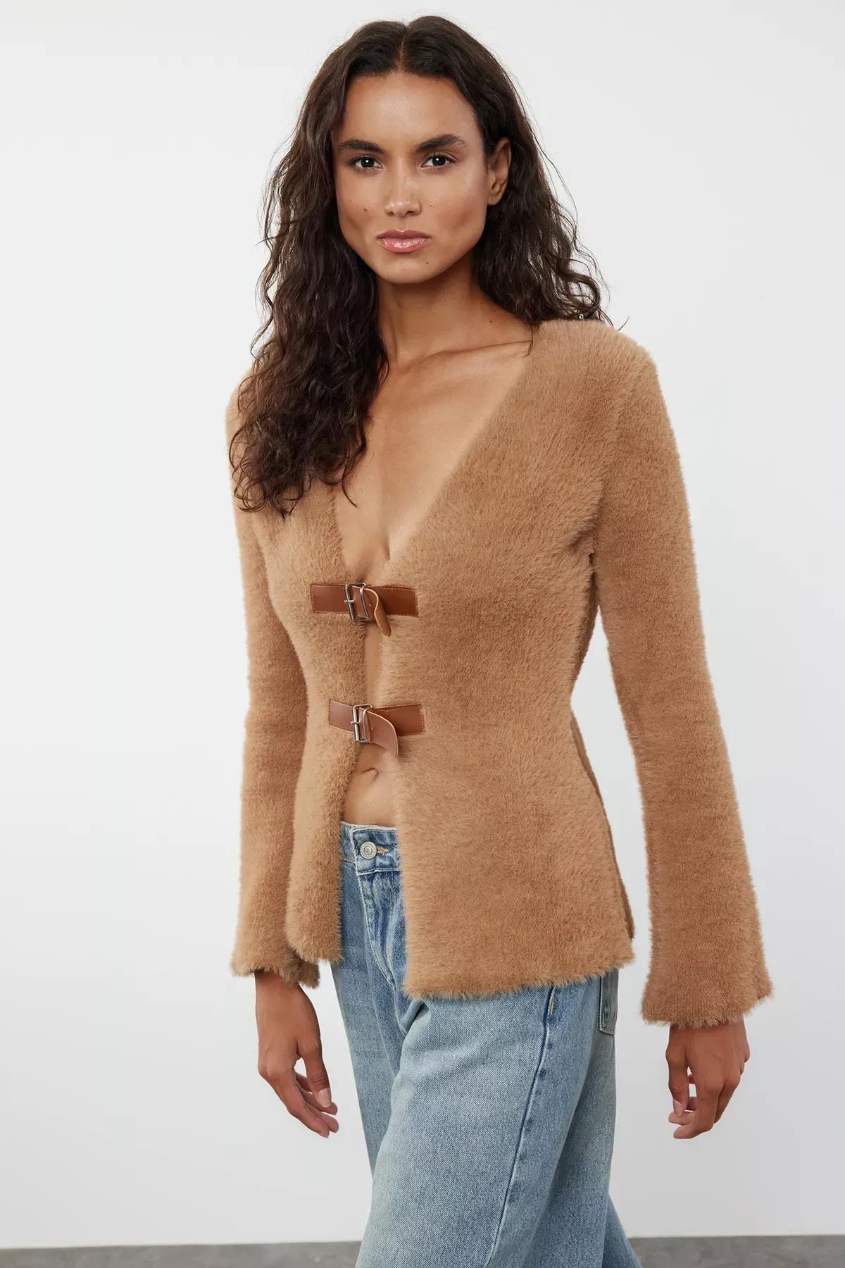 Grey Closure Furry Knit Cardigan, Mink, large image number 0