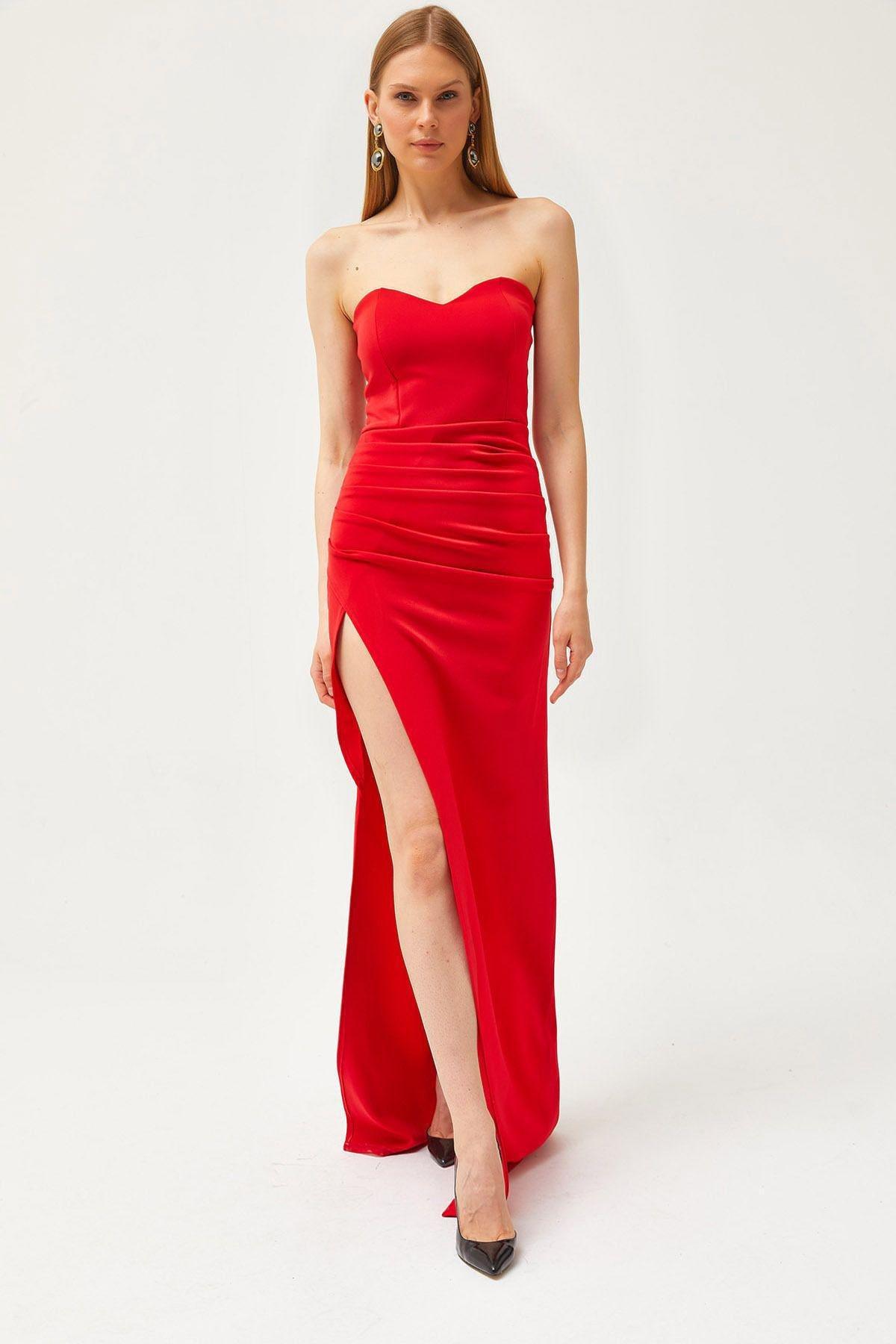 Red Deep Slit Strapless Long Dress, Red, large image number 0